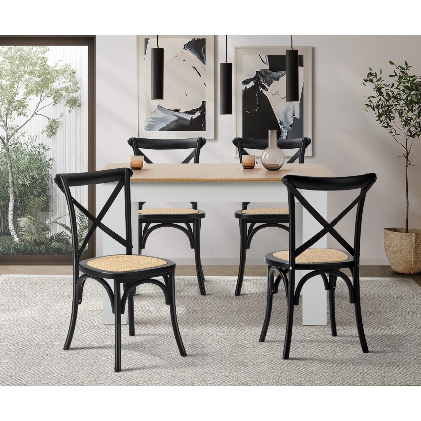 Oikiture 160cm Extendable Dining Table with 4PCS Dining Chairs Crossback Black - Sunyee