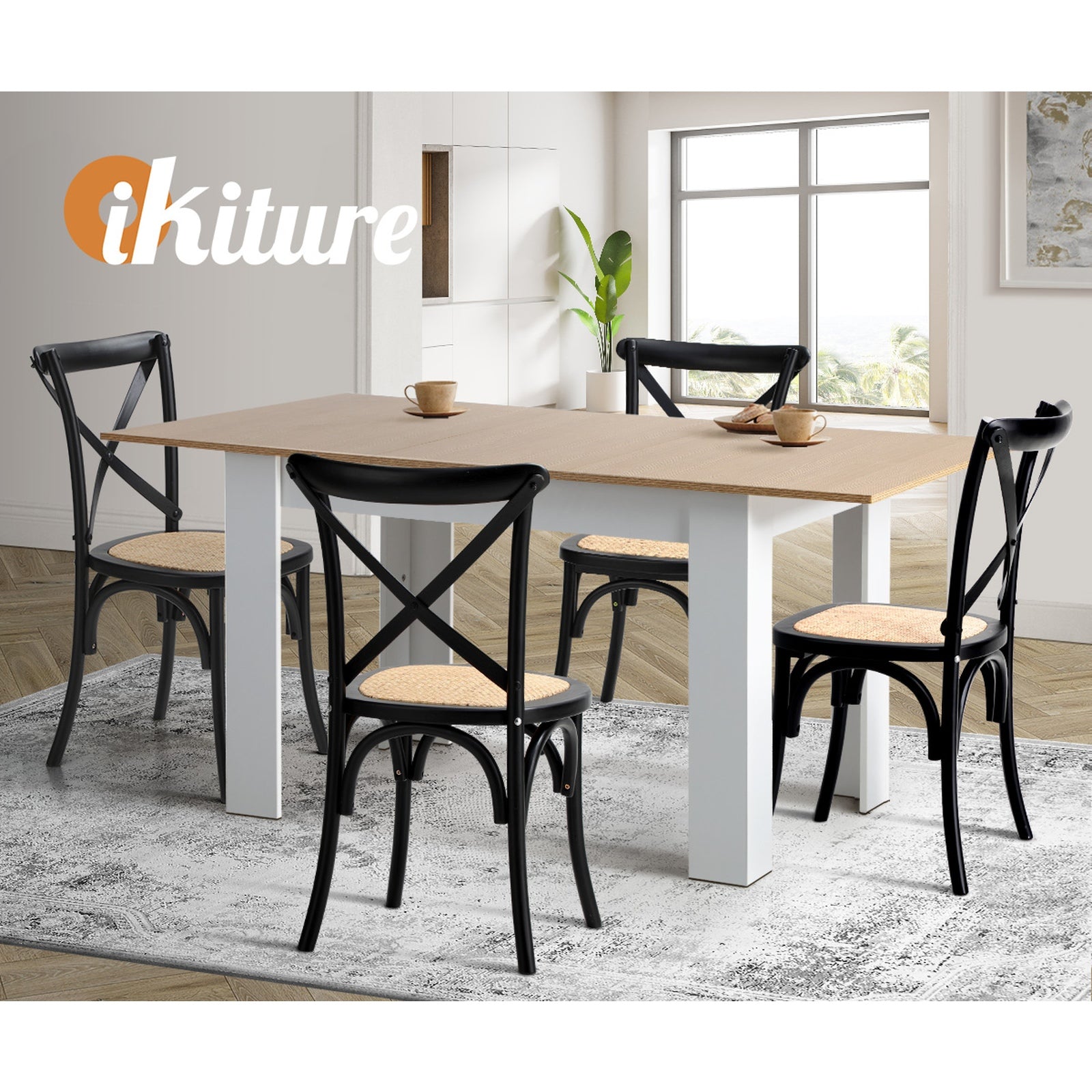 Oikiture 160cm Extendable Dining Table with 4PCS Dining Chairs Crossback Black - Sunyee