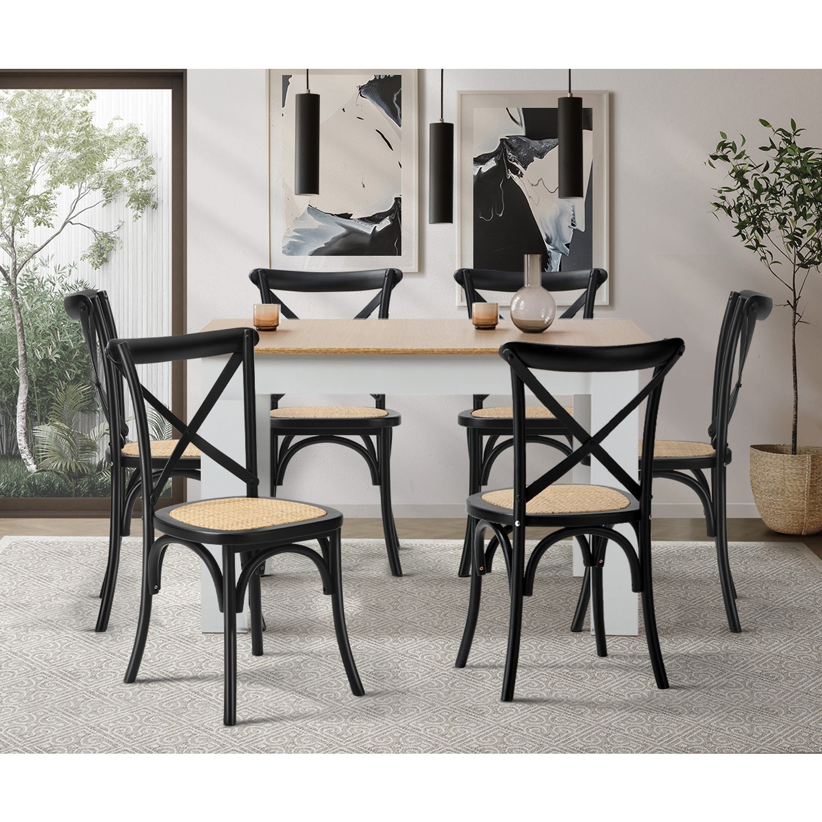 Oikiture 160cm Extendable Dining Table with 6PCS Dining Chairs Crossback Black - Sunyee