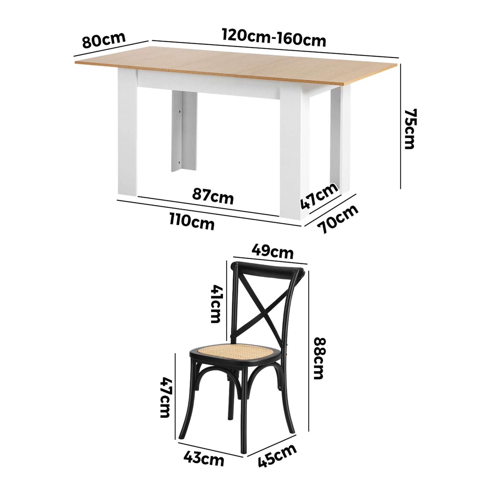 Oikiture 160cm Extendable Dining Table with 6PCS Dining Chairs Crossback Black - Sunyee
