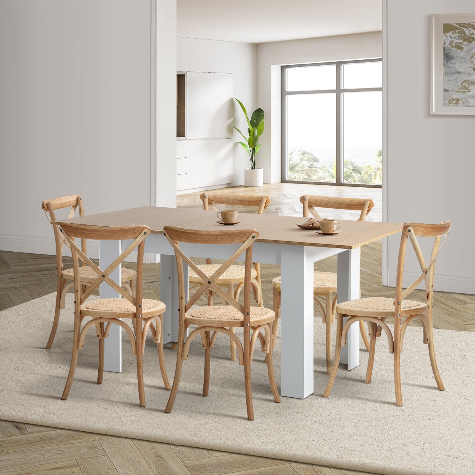 Oikiture 160cm Extendable Dining Table with 6PCS Dining Chairs Crossback Wooden - Sunyee