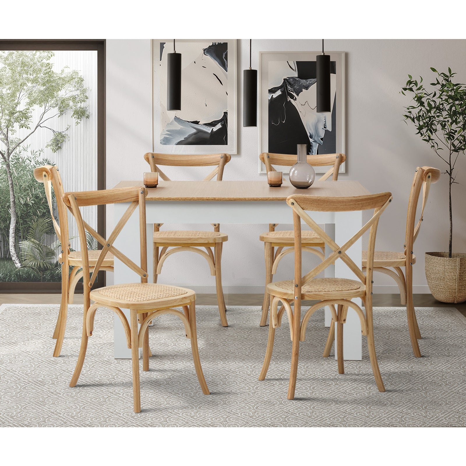 Oikiture 160cm Extendable Dining Table with 6PCS Dining Chairs Crossback Wooden - Sunyee
