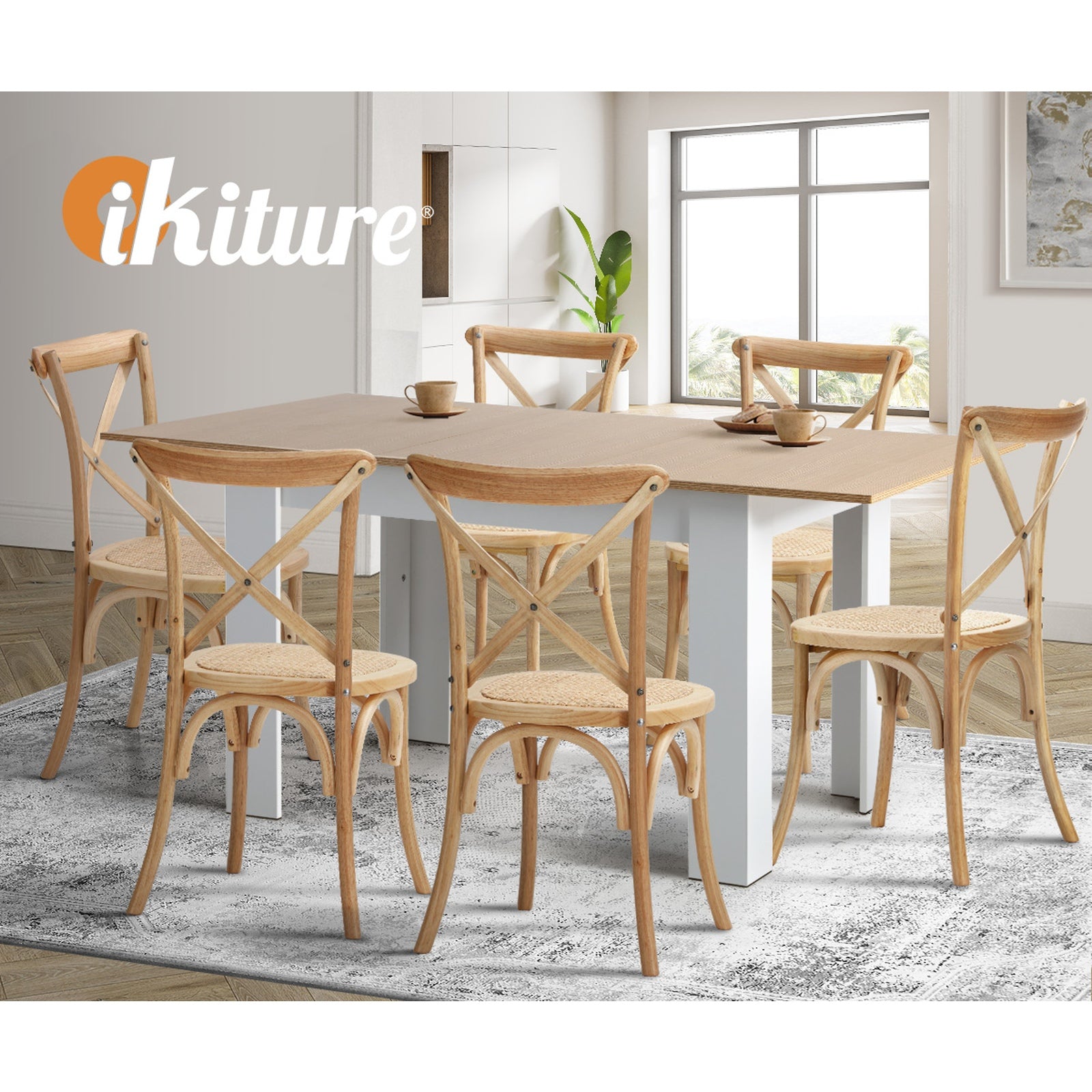 Oikiture 160cm Extendable Dining Table with 6PCS Dining Chairs Crossback Wooden - Sunyee