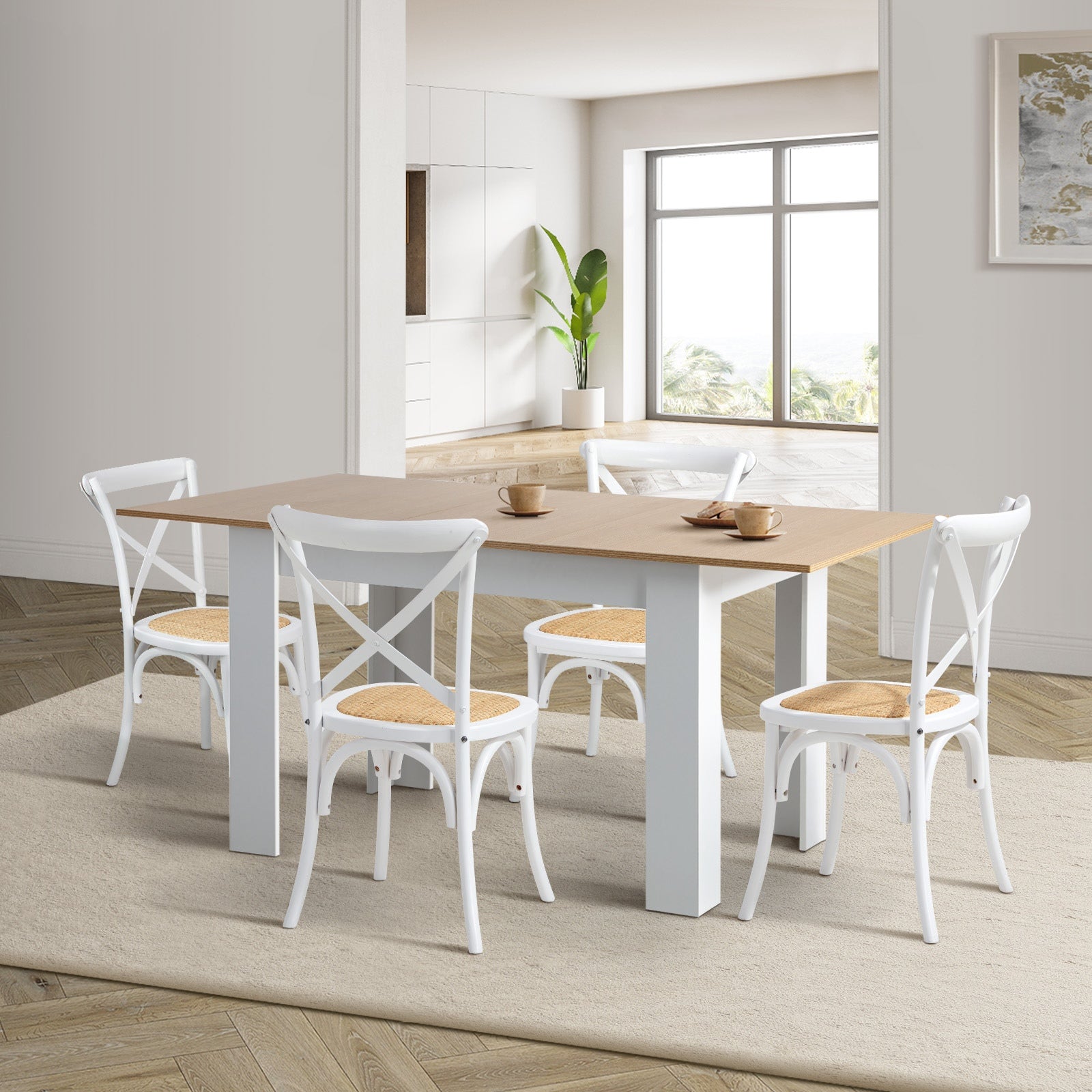 Oikiture 160cm Extendable Dining Table with 4PCS Dining Chairs Crossback White - Sunyee