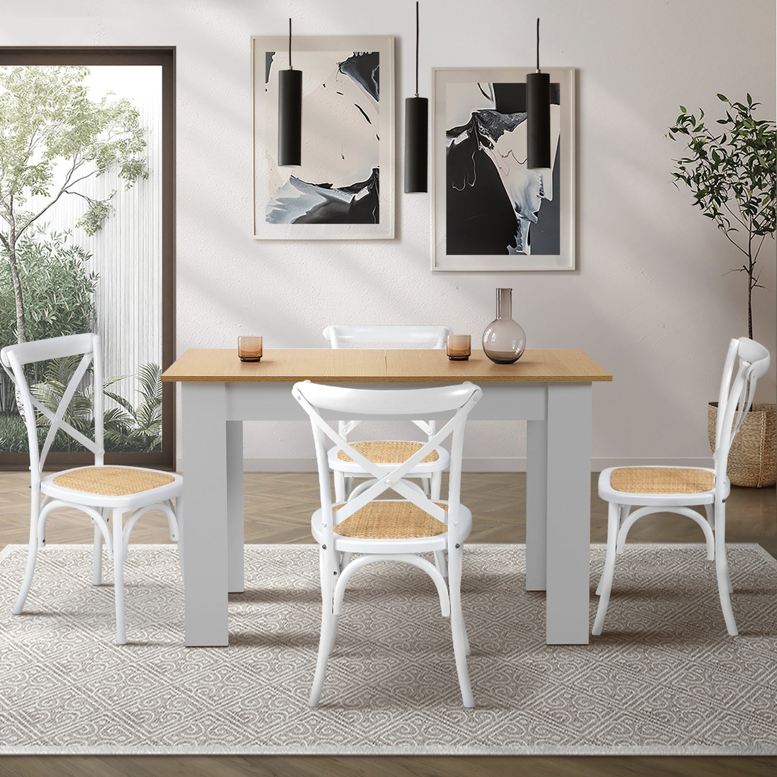 Oikiture 160cm Extendable Dining Table with 4PCS Dining Chairs Crossback White - Sunyee
