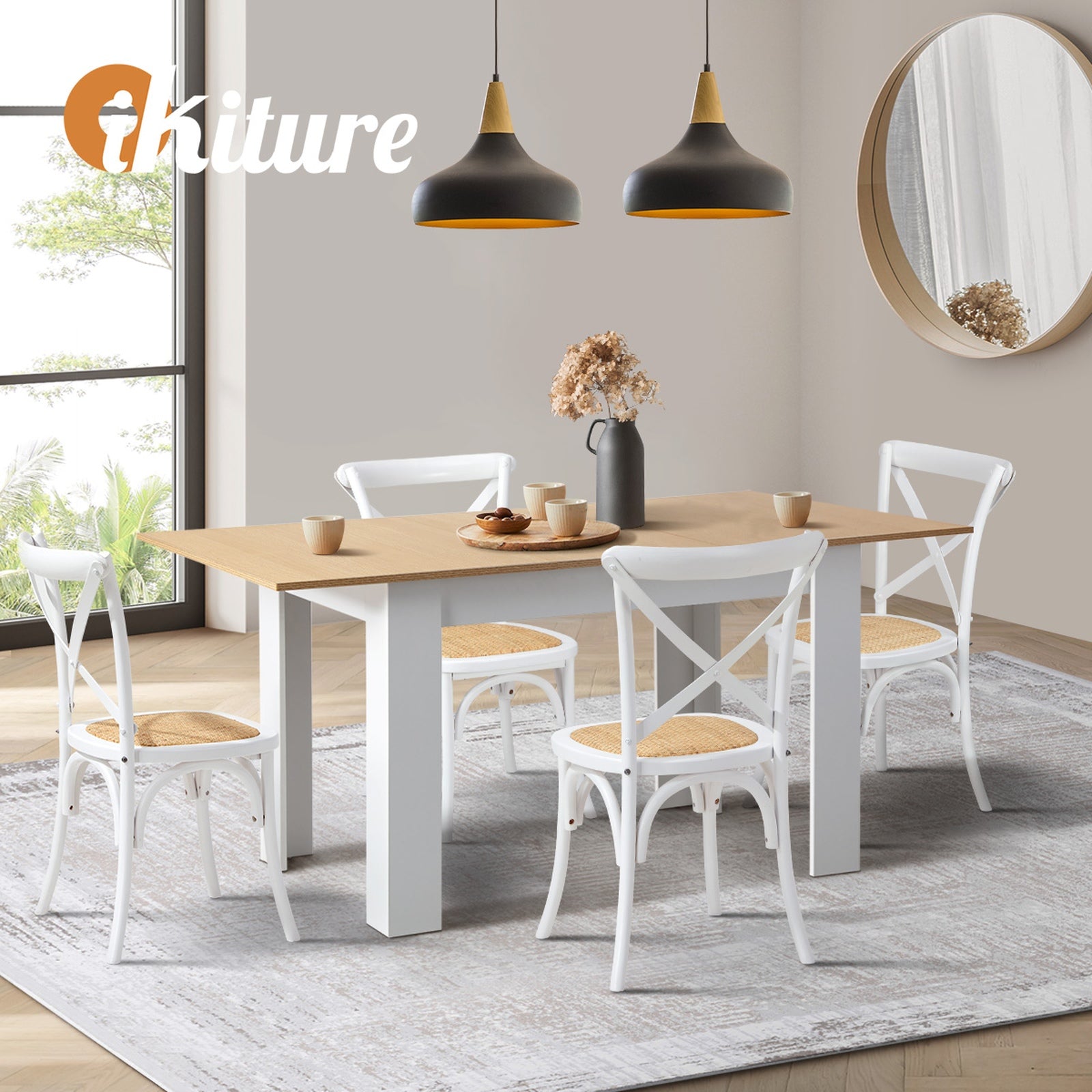 Oikiture 160cm Extendable Dining Table with 4PCS Dining Chairs Crossback White - Sunyee