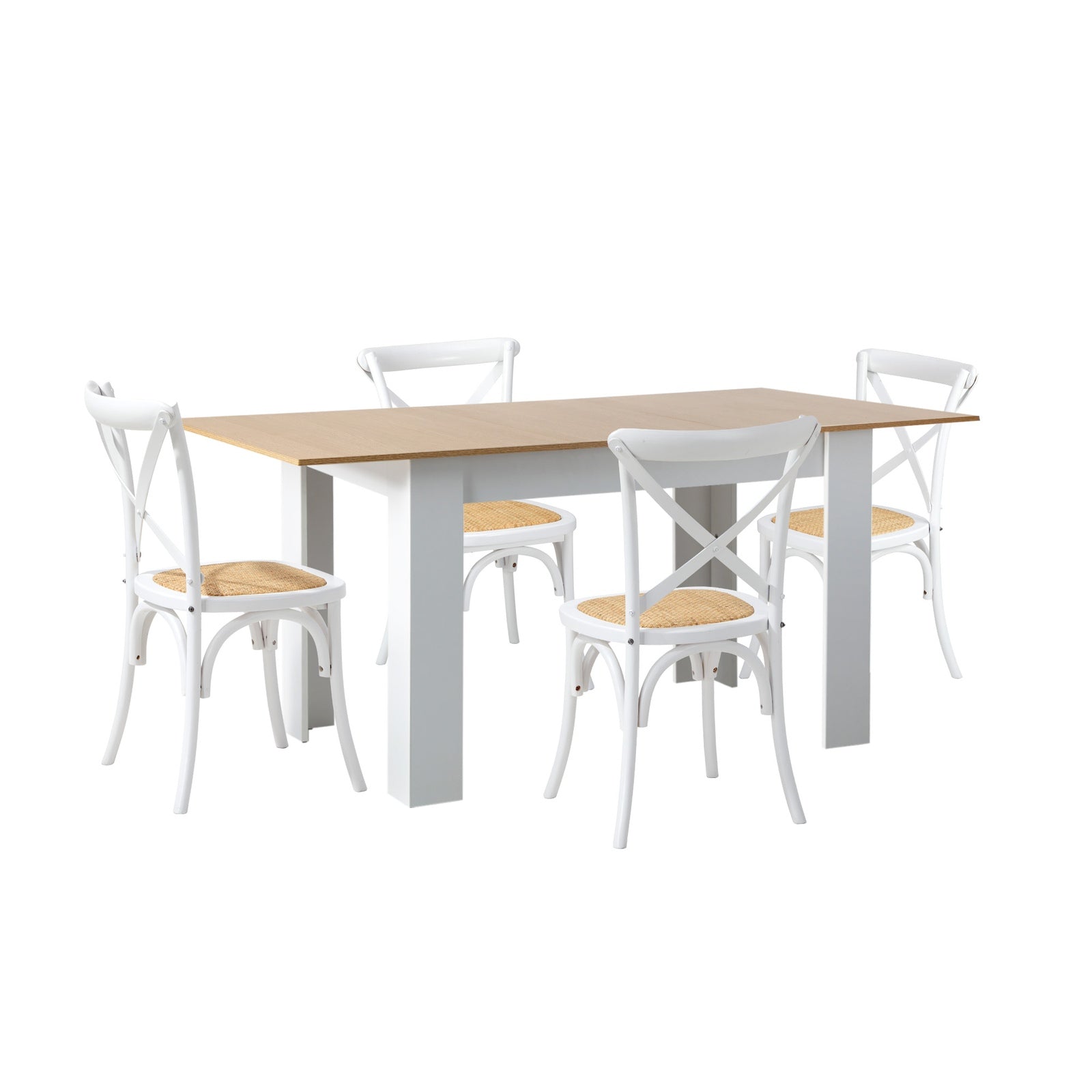 Oikiture 160cm Extendable Dining Table with 4PCS Dining Chairs Crossback White - Sunyee