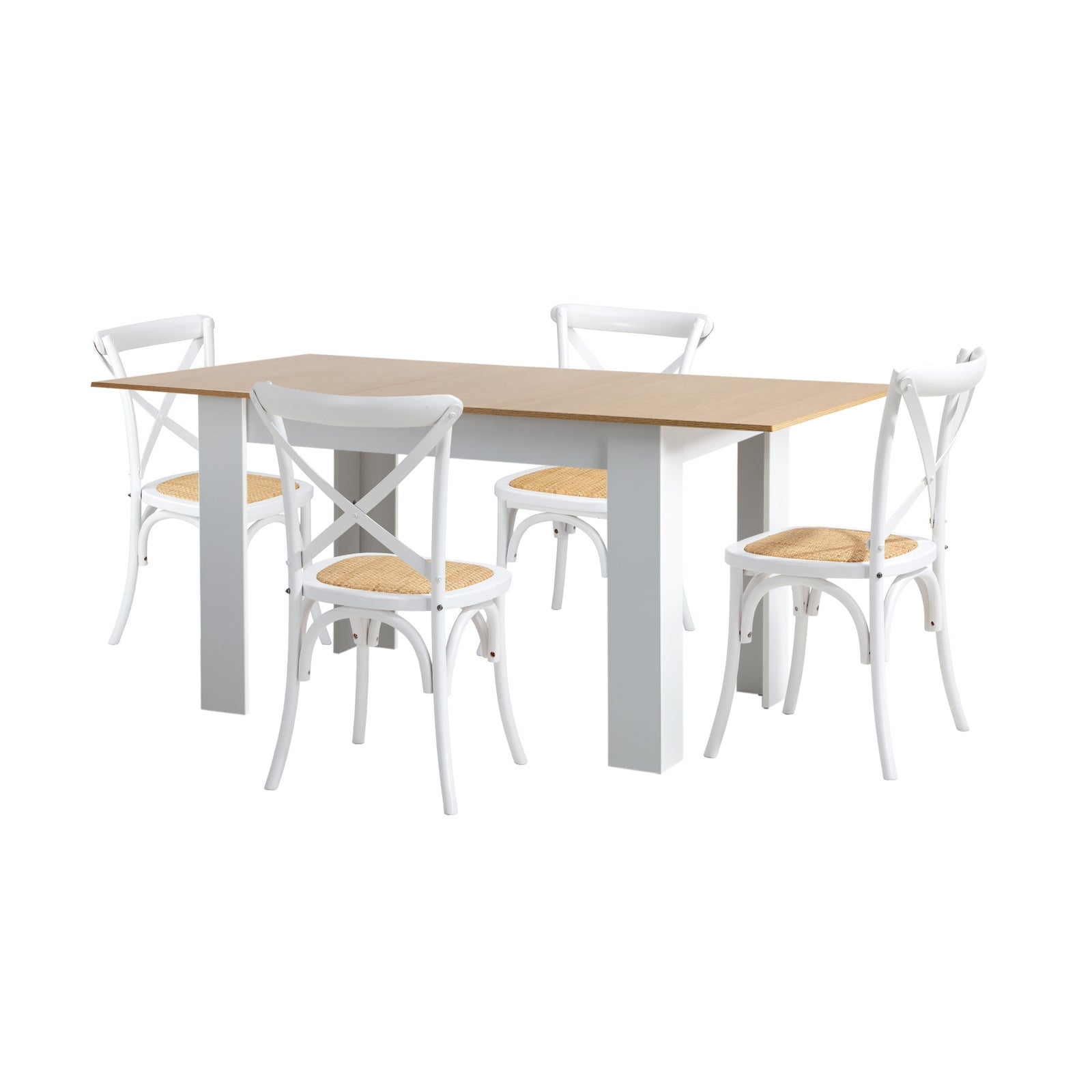Oikiture 160cm Extendable Dining Table with 4PCS Dining Chairs Crossback White - Sunyee