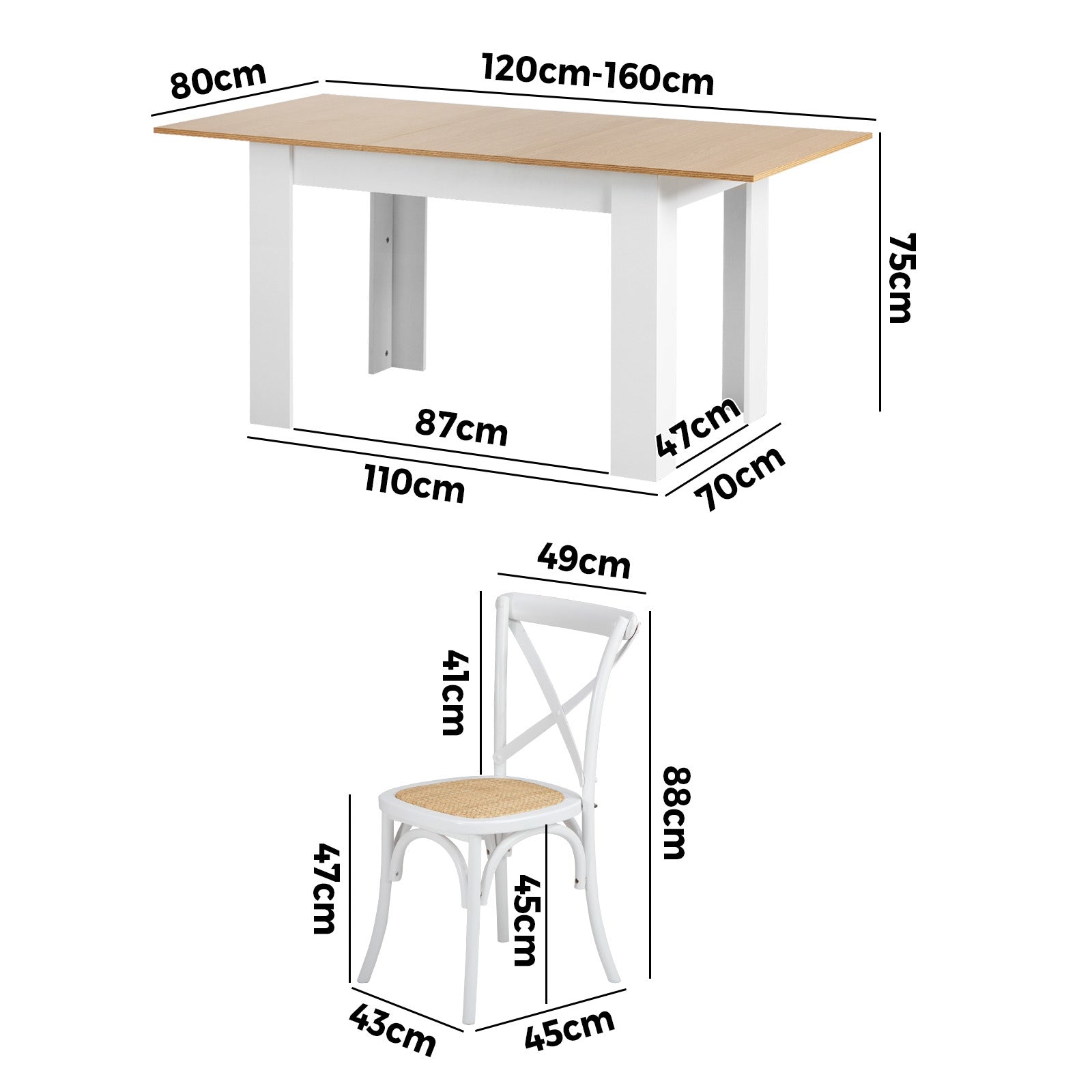 Oikiture 160cm Extendable Dining Table with 4PCS Dining Chairs Crossback White - Sunyee