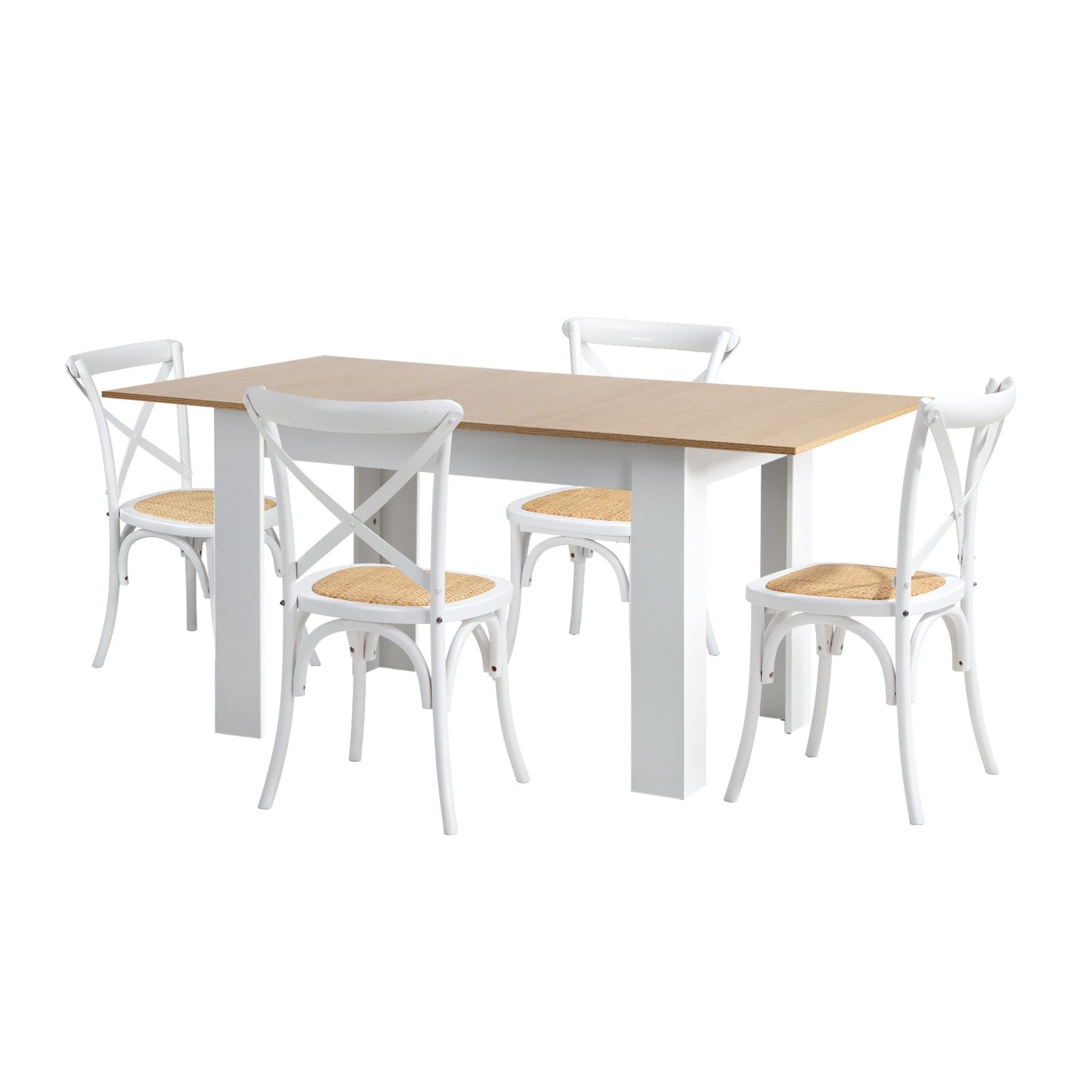 Oikiture 160cm Extendable Dining Table with 4PCS Dining Chairs Crossback White - Sunyee