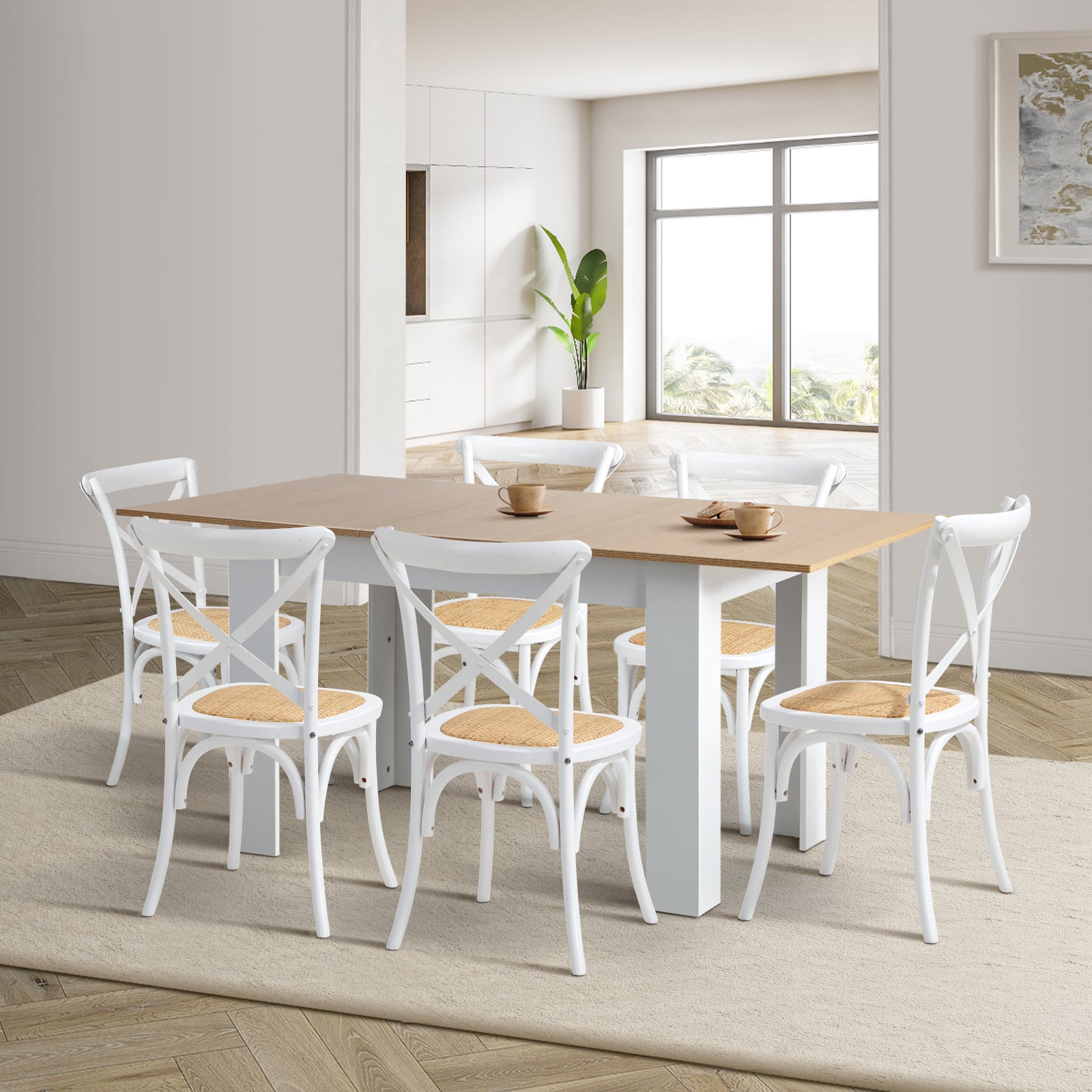 Oikiture 160cm Extendable Dining Table with 6PCS Dining Chairs Crossback White - Sunyee