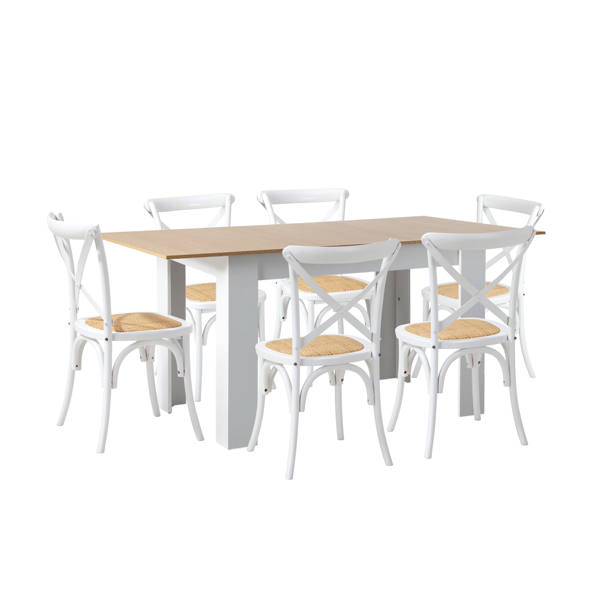 Oikiture 160cm Extendable Dining Table with 6PCS Dining Chairs Crossback White - Sunyee
