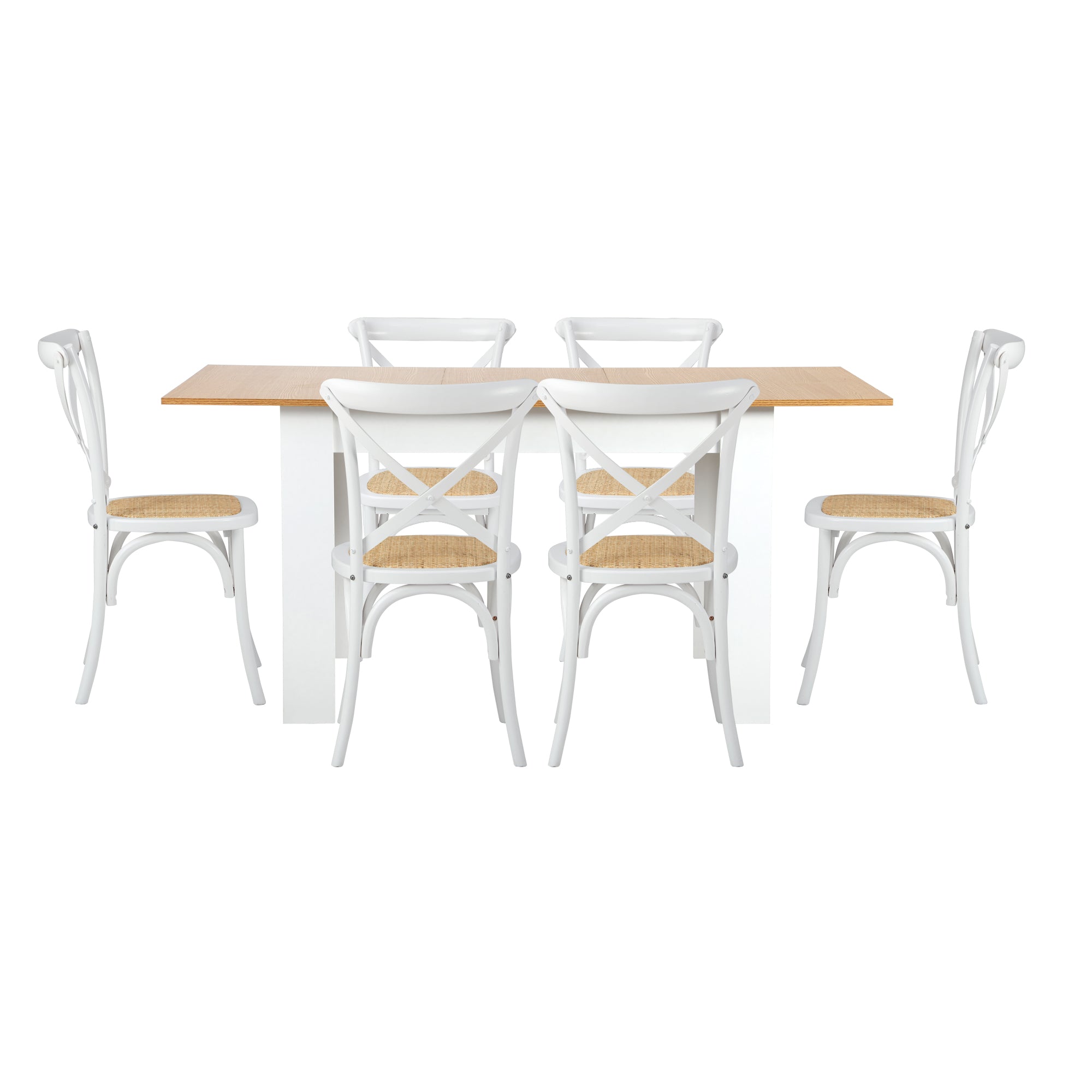 Oikiture 160cm Extendable Dining Table with 6PCS Dining Chairs Crossback White - Sunyee