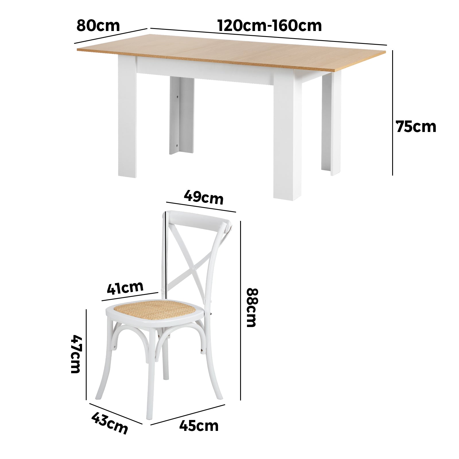 Oikiture 160cm Extendable Dining Table with 6PCS Dining Chairs Crossback White - Sunyee