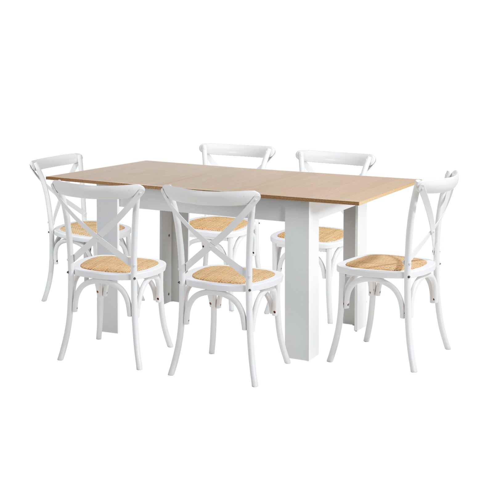 Oikiture 160cm Extendable Dining Table with 6PCS Dining Chairs Crossback White - Sunyee