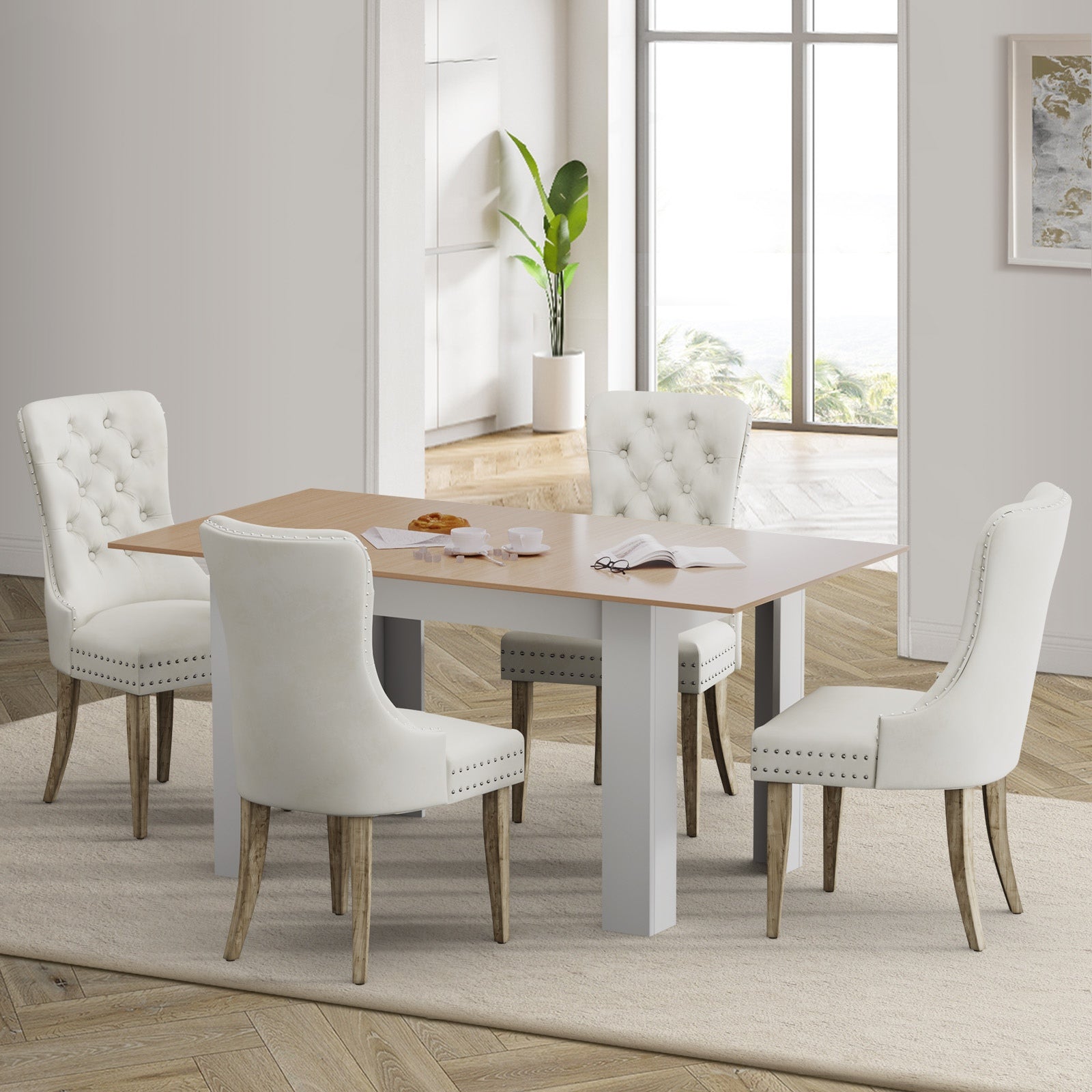 Oikiture 160cm Extendable Dining Table with 4PCS Dining Chairs Velvet Beige - Sunyee
