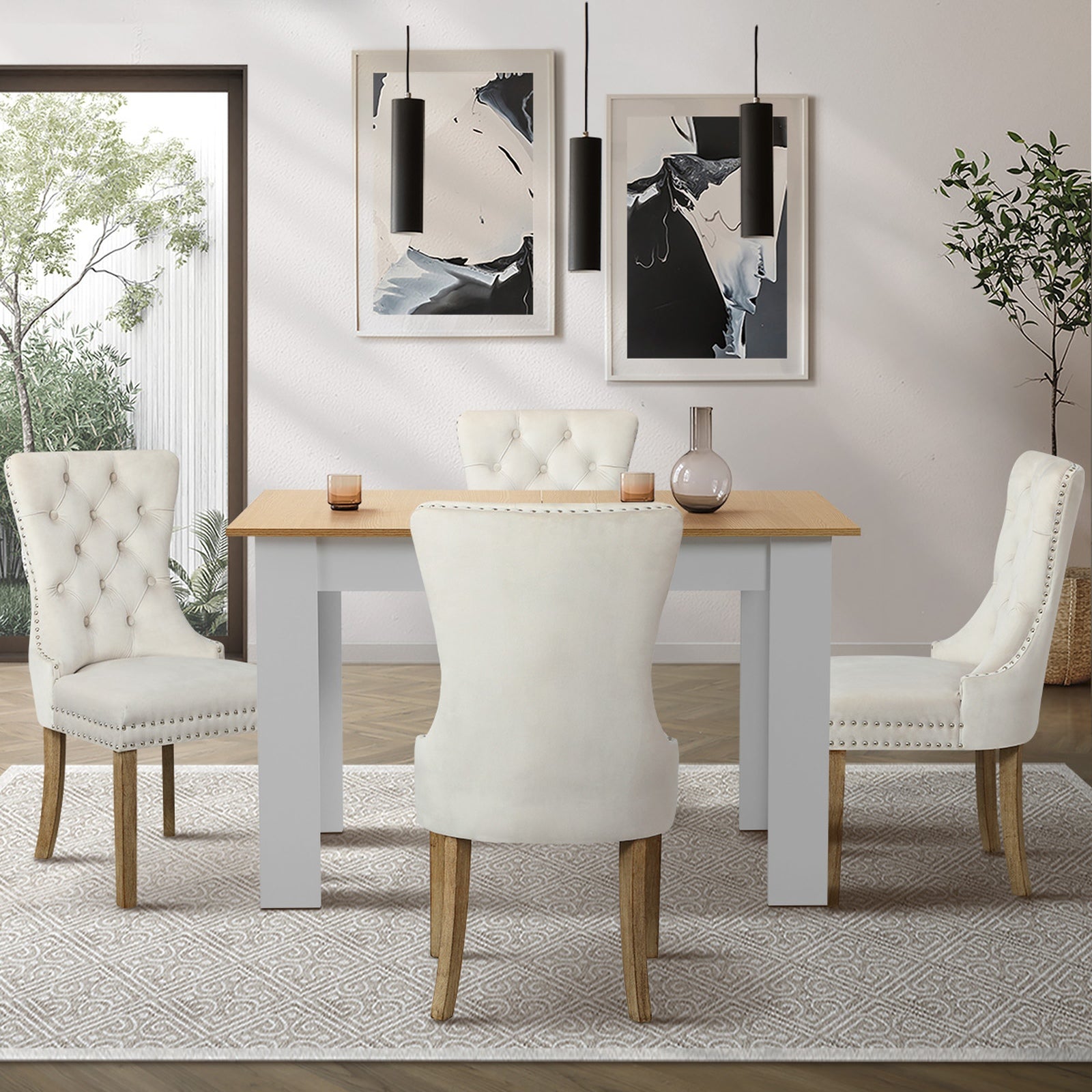 Oikiture 160cm Extendable Dining Table with 4PCS Dining Chairs Velvet Beige - Sunyee