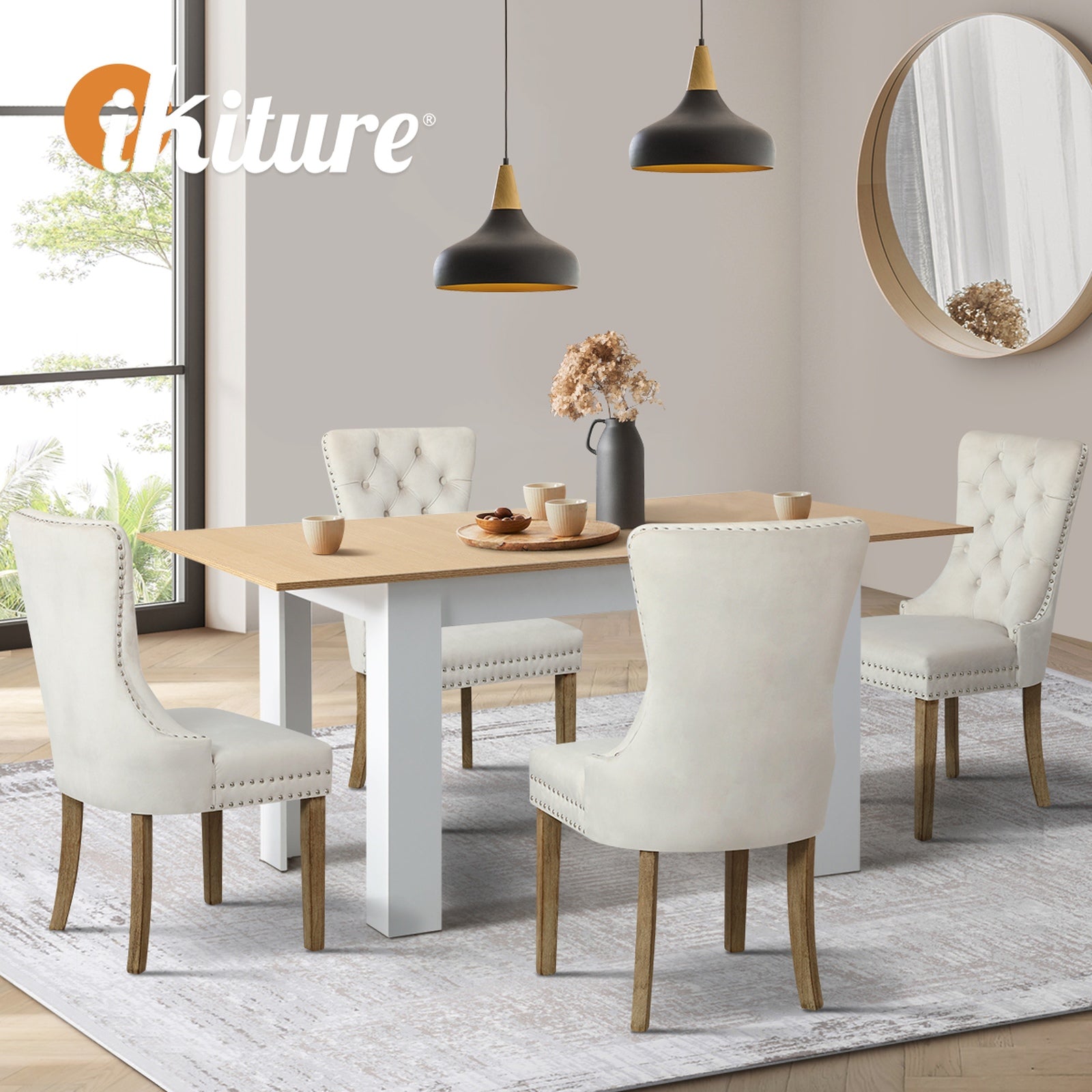 Oikiture 160cm Extendable Dining Table with 4PCS Dining Chairs Velvet Beige - Sunyee