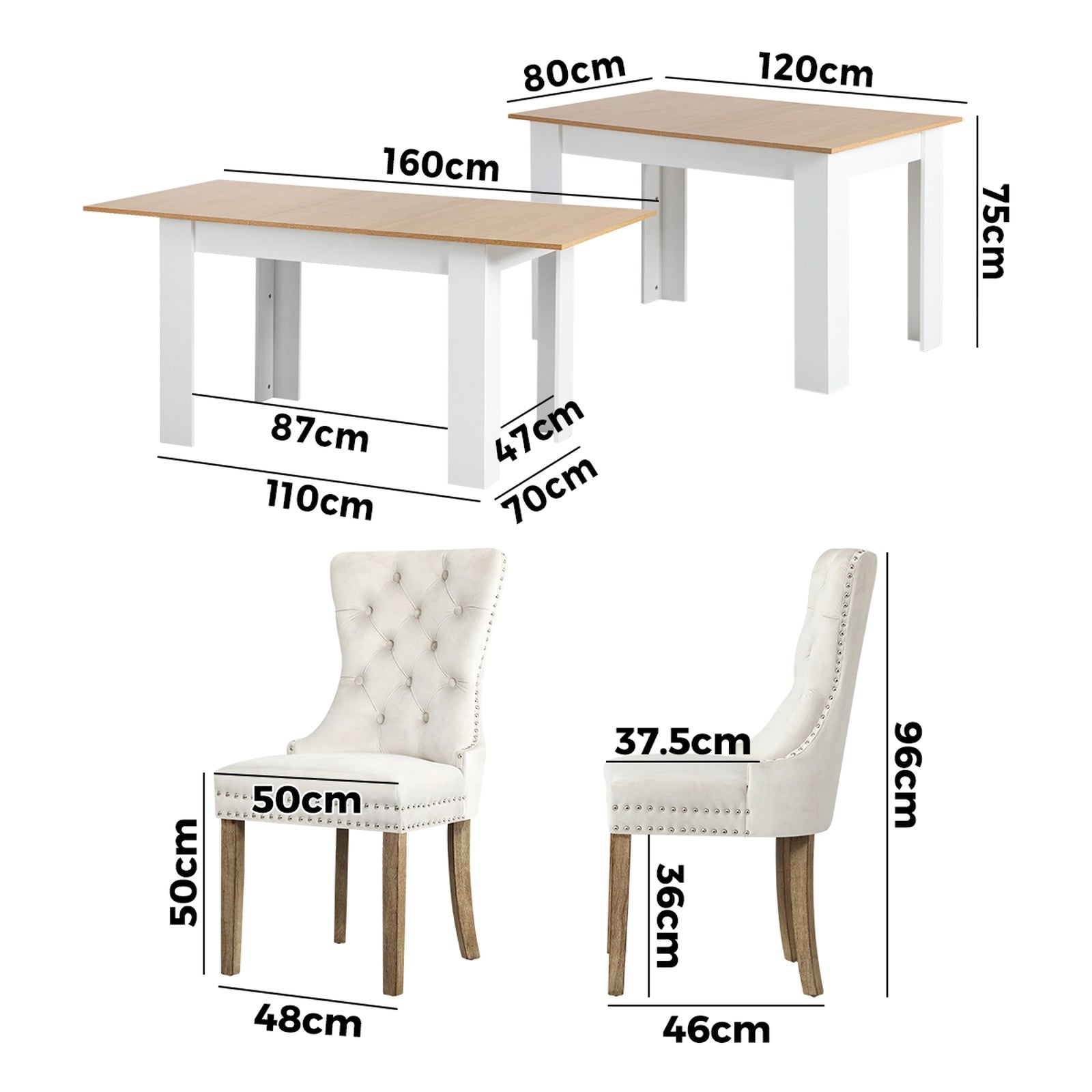 Oikiture 160cm Extendable Dining Table with 4PCS Dining Chairs Velvet Beige - Sunyee