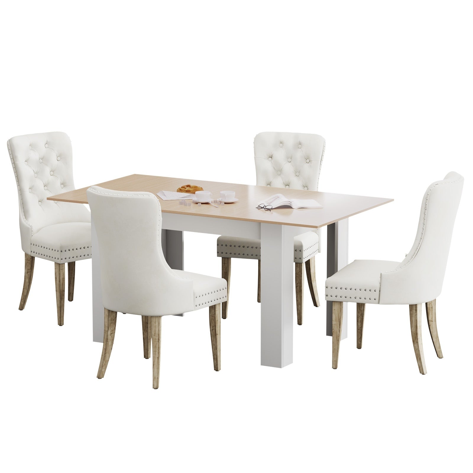 Oikiture 160cm Extendable Dining Table with 4PCS Dining Chairs Velvet Beige - Sunyee