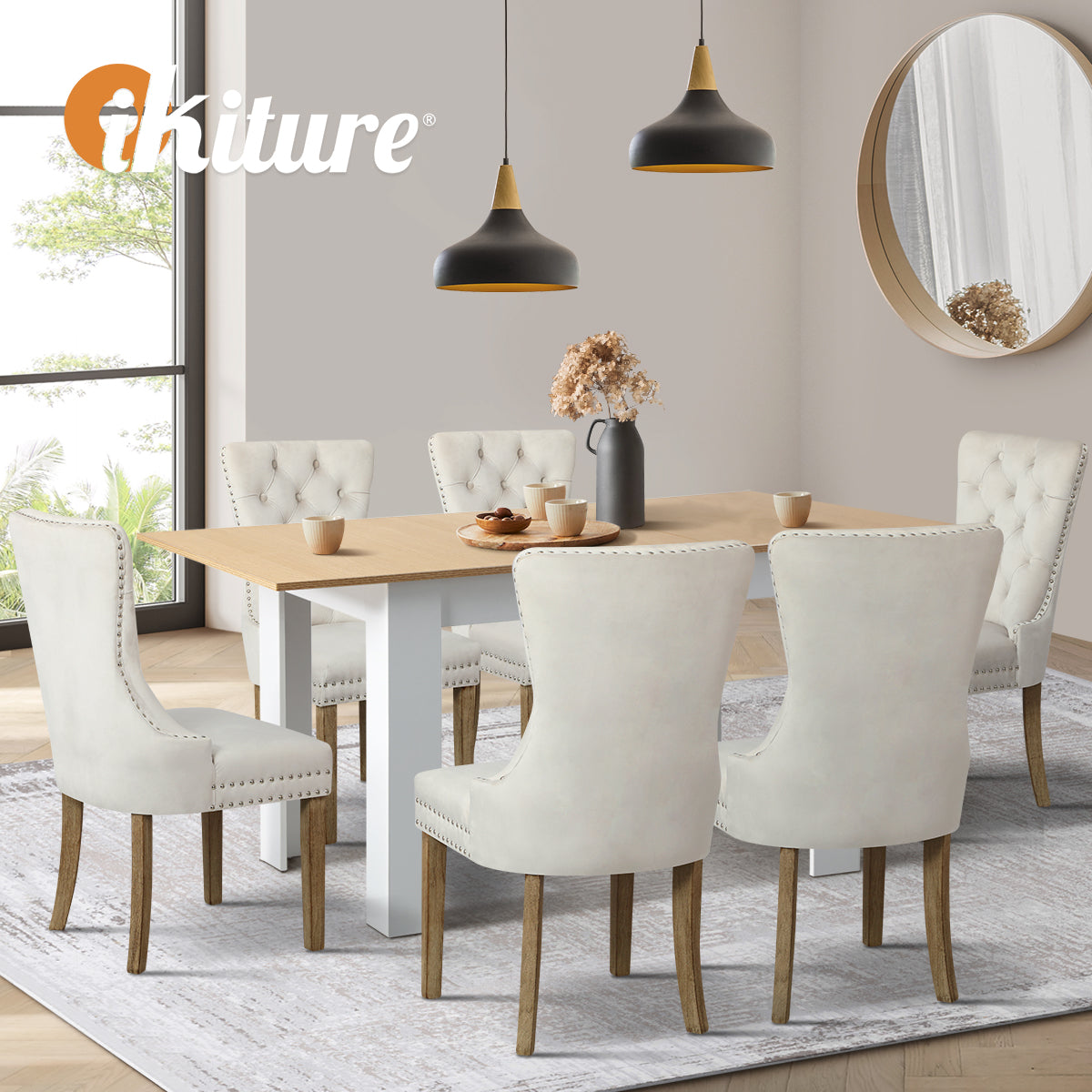 Oikiture 160cm Extendable Dining Table with 6PCS Dining Chairs Velvet Beige - Sunyee