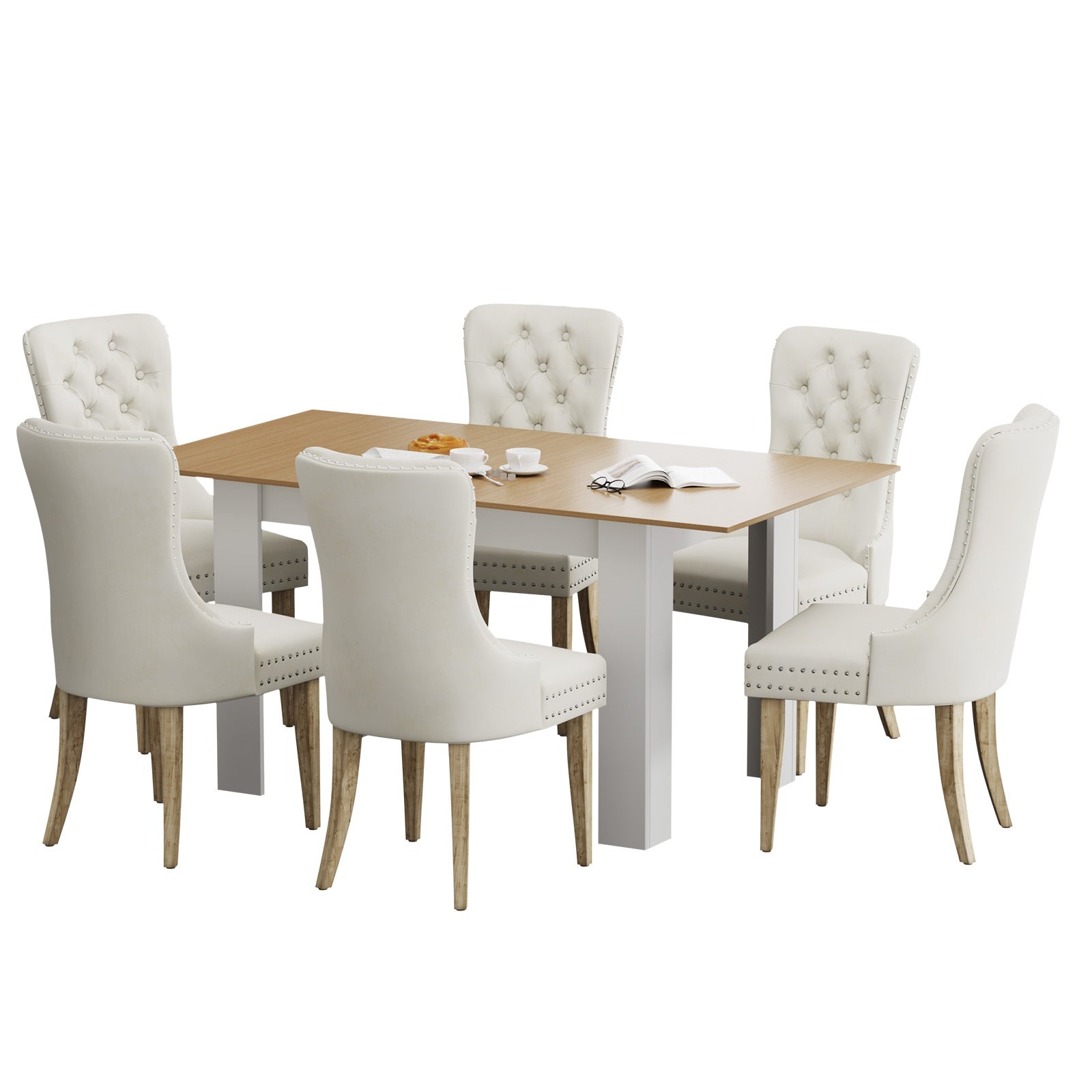 Oikiture 160cm Extendable Dining Table with 6PCS Dining Chairs Velvet Beige - Sunyee