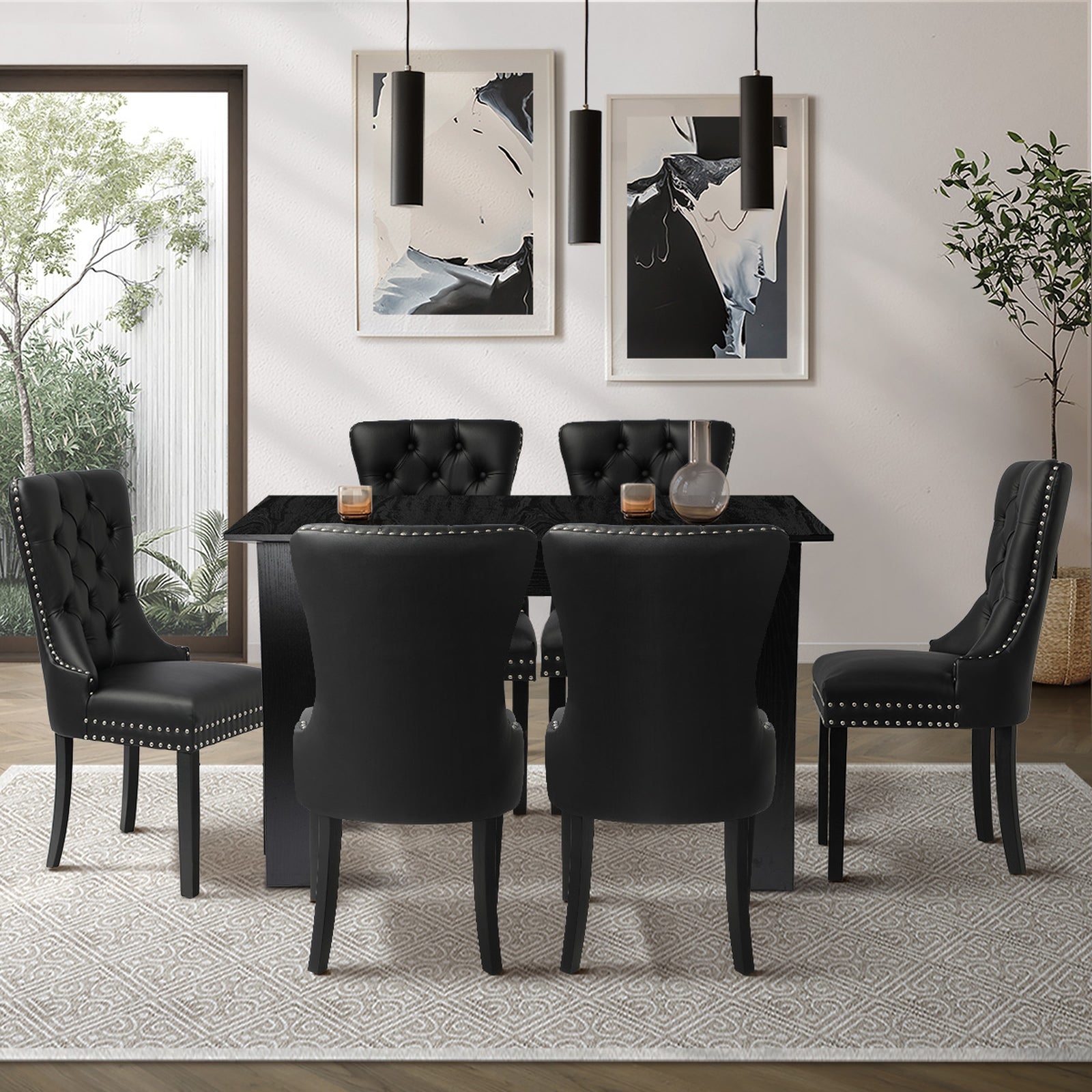 Oikiture 160cm Extendable Dining Table with 6PCS Dining Chairs PU Leather Black - Sunyee