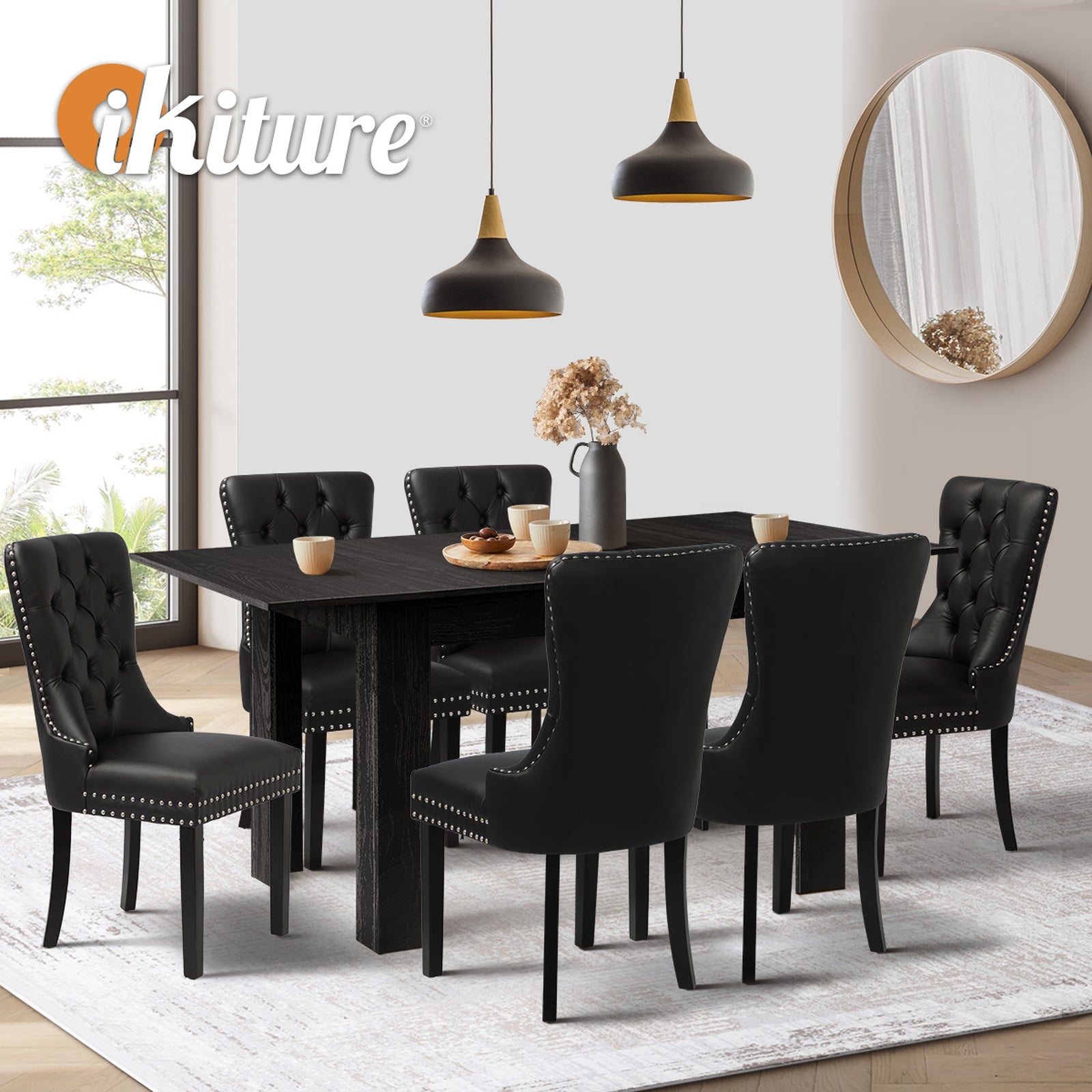 Oikiture 160cm Extendable Dining Table with 6PCS Dining Chairs PU Leather Black - Sunyee