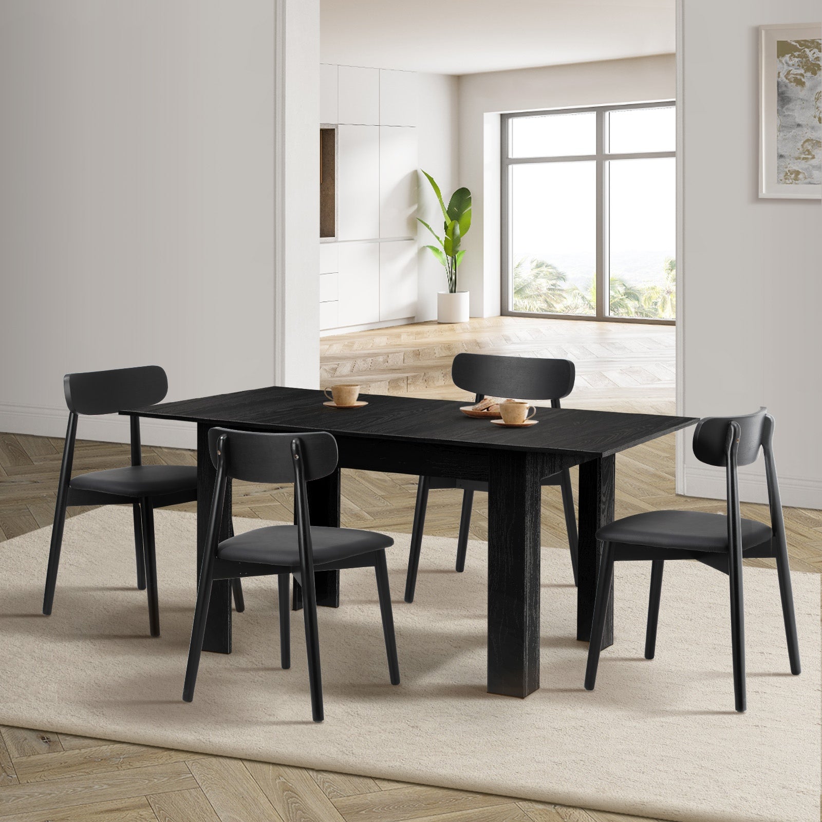 Oikiture 160cm Extendable Dining Table with 4x Dining Chairs PU Leather Black - Sunyee