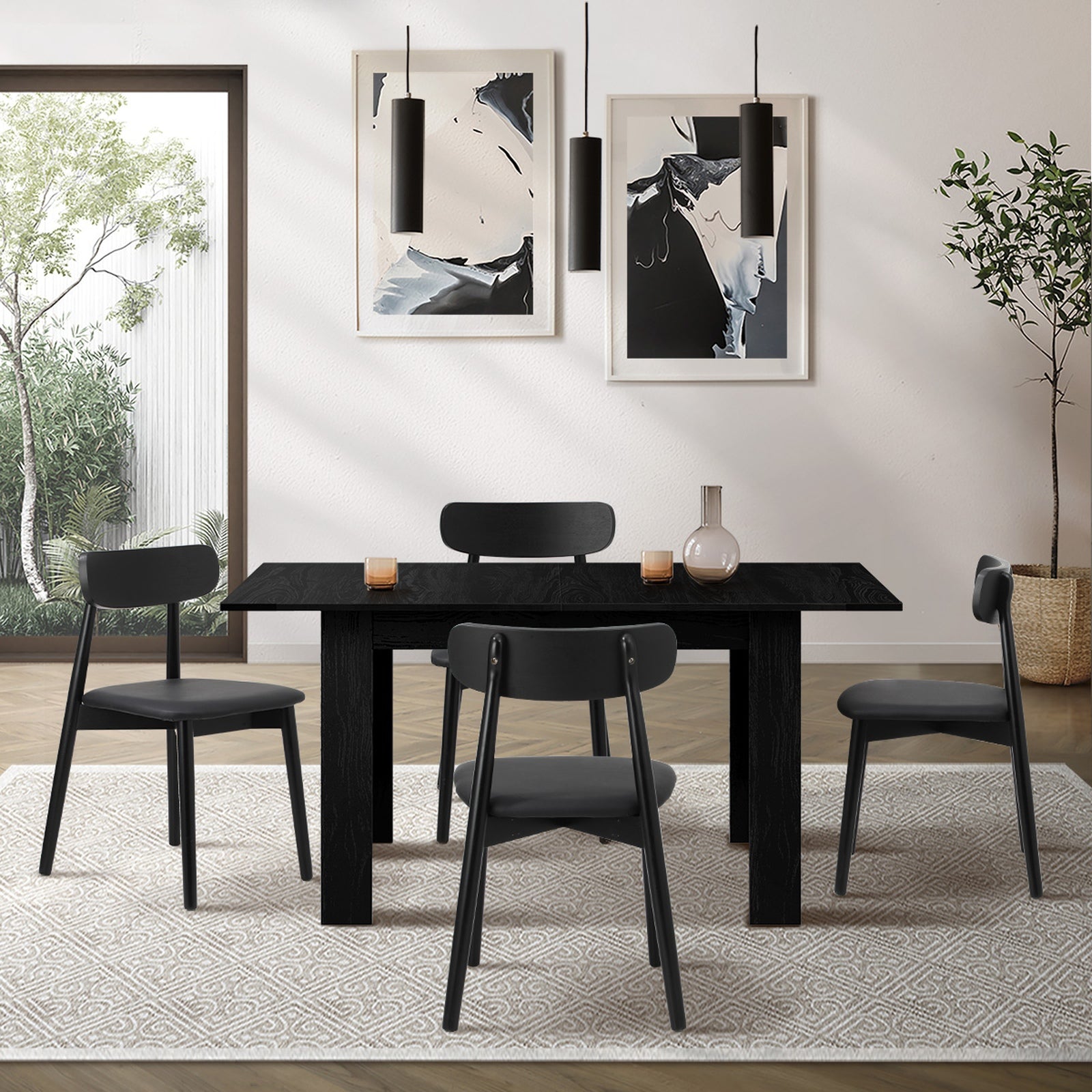 Oikiture 160cm Extendable Dining Table with 4x Dining Chairs PU Leather Black - Sunyee