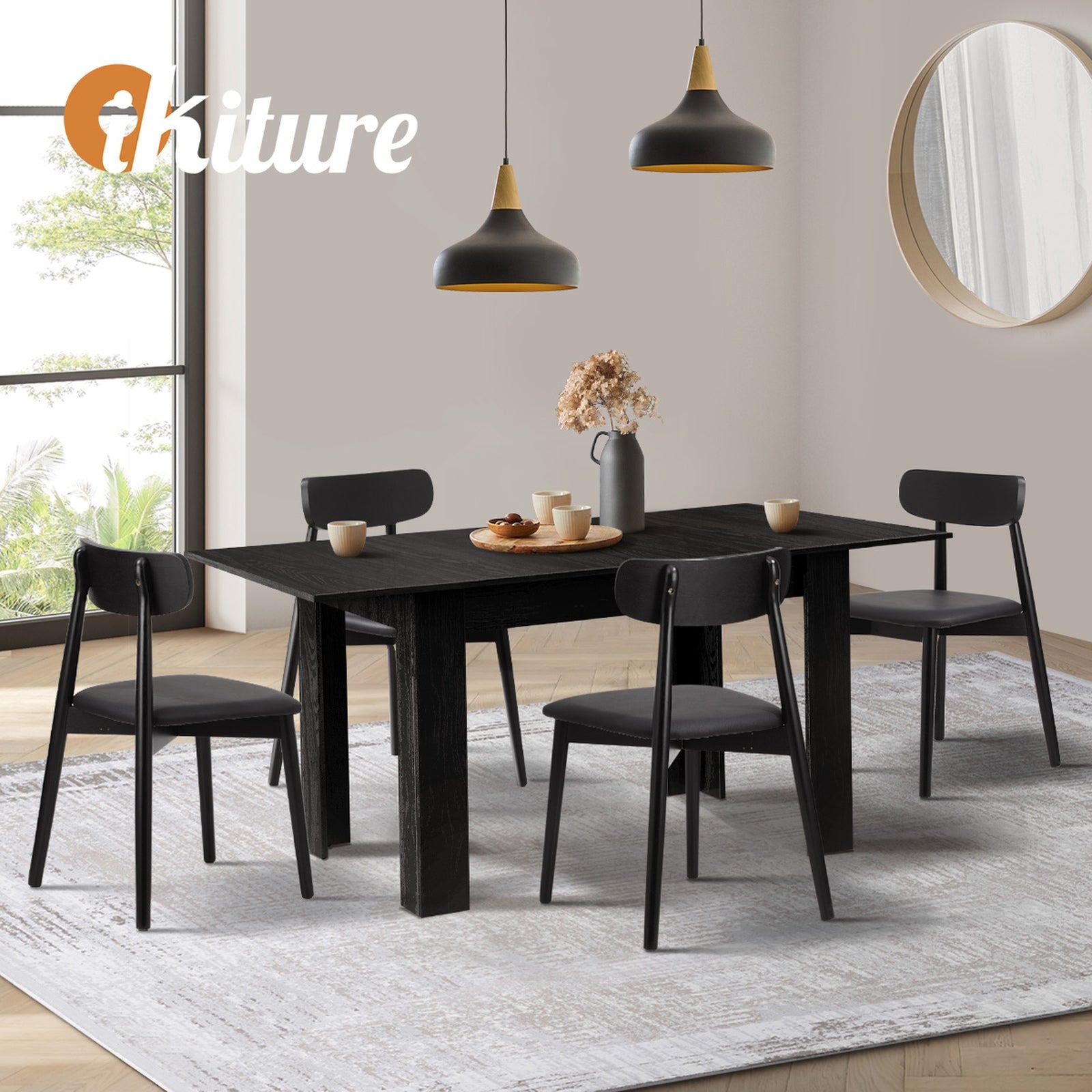 Oikiture 160cm Extendable Dining Table with 4x Dining Chairs PU Leather Black - Sunyee