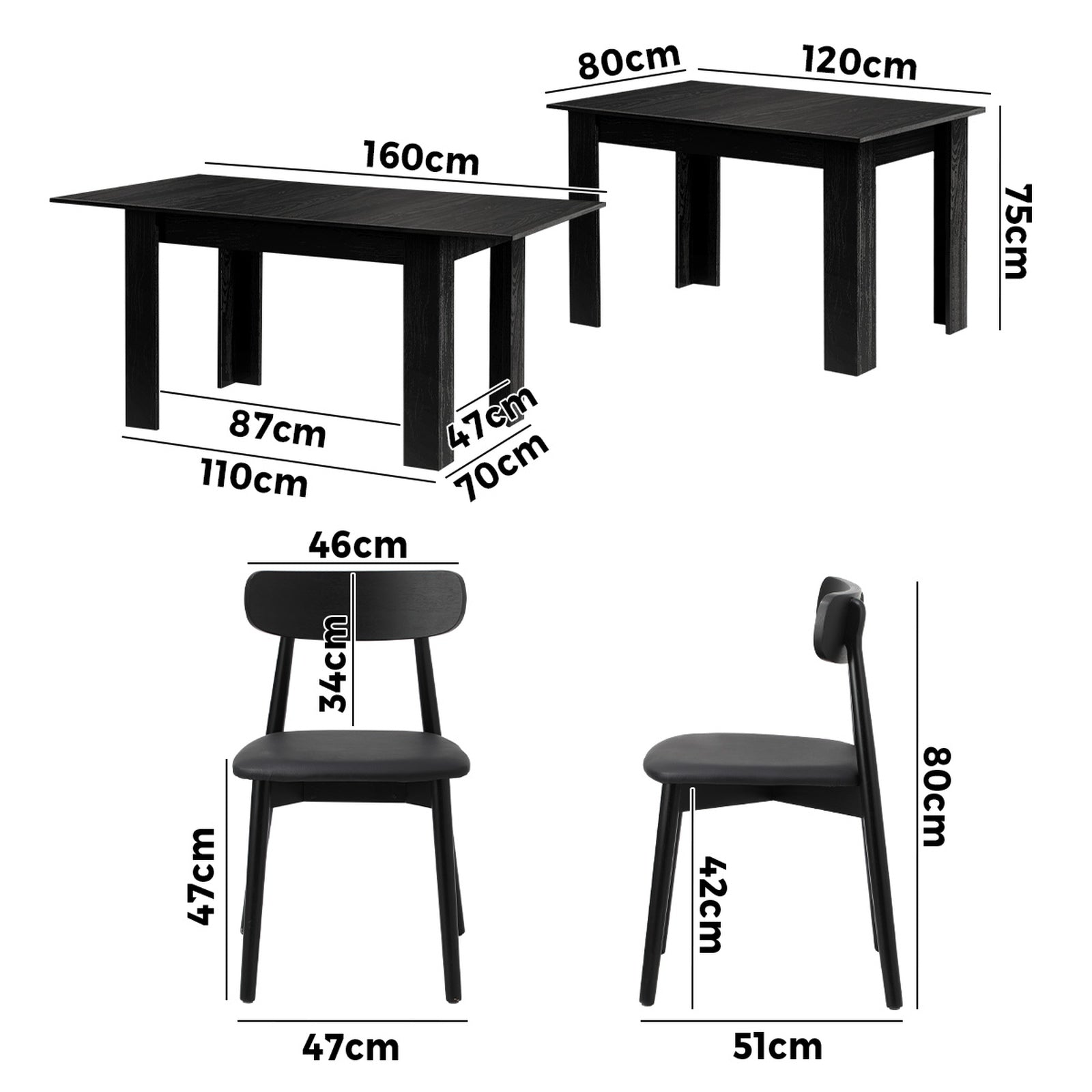 Oikiture 160cm Extendable Dining Table with 4x Dining Chairs PU Leather Black - Sunyee