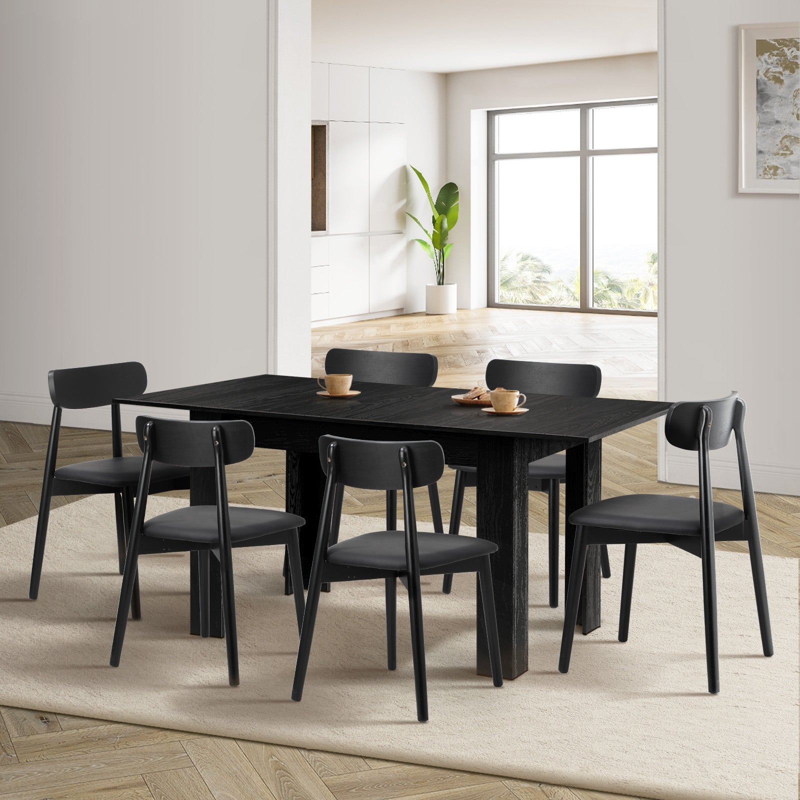 Oikiture 160cm Extendable Dining Table with 6x Dining Chairs PU Leather Black - Sunyee
