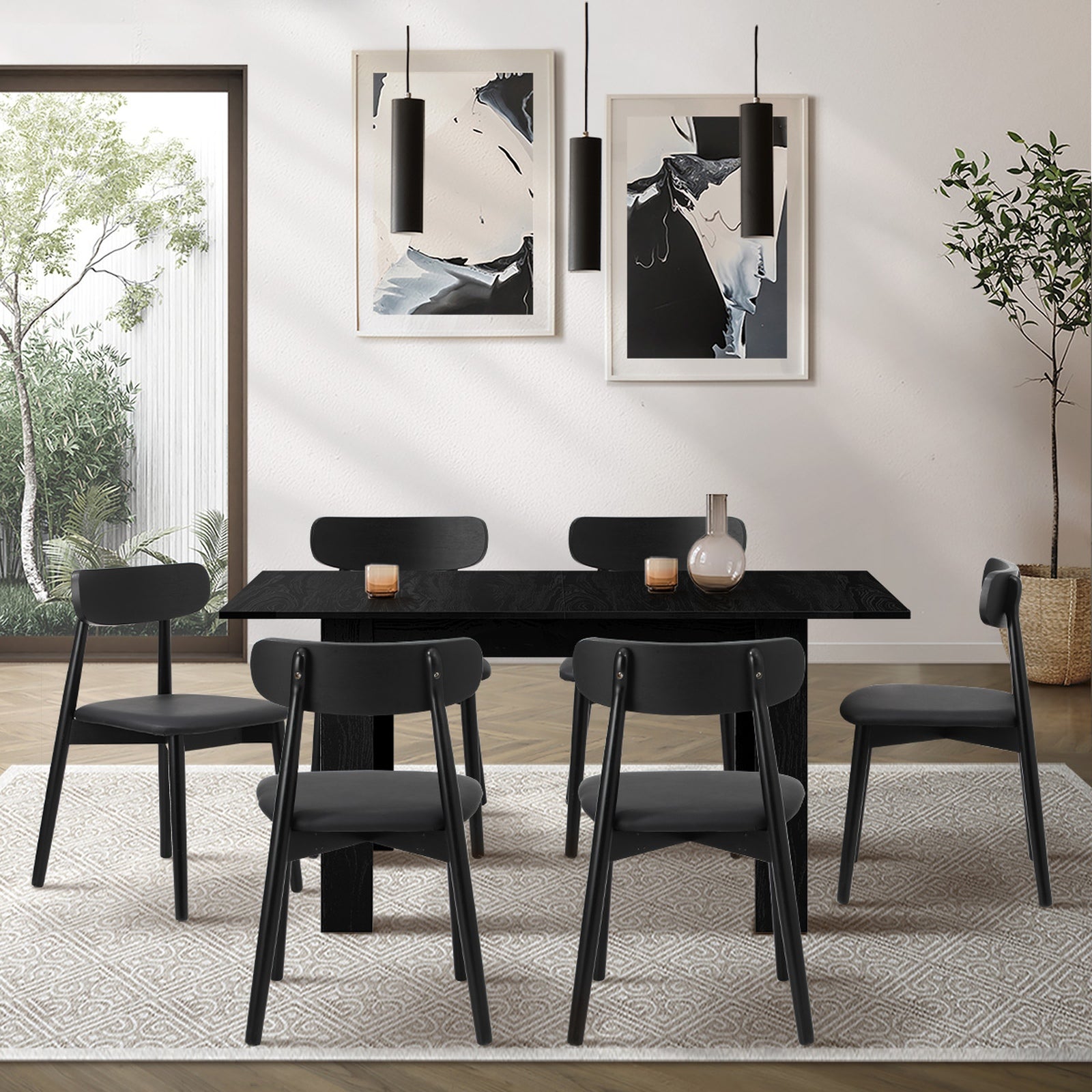 Oikiture 160cm Extendable Dining Table with 6x Dining Chairs PU Leather Black - Sunyee