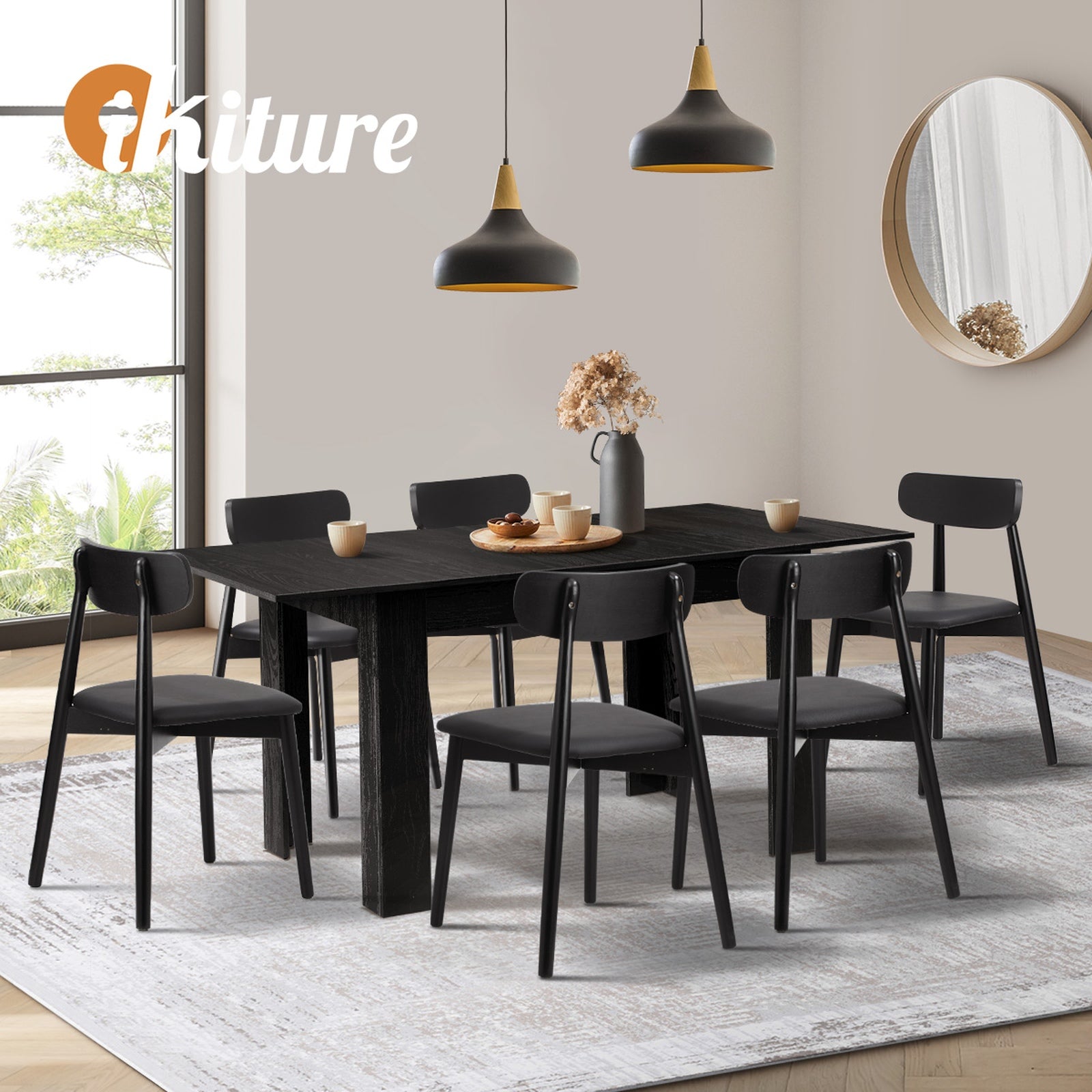 Oikiture 160cm Extendable Dining Table with 6x Dining Chairs PU Leather Black - Sunyee