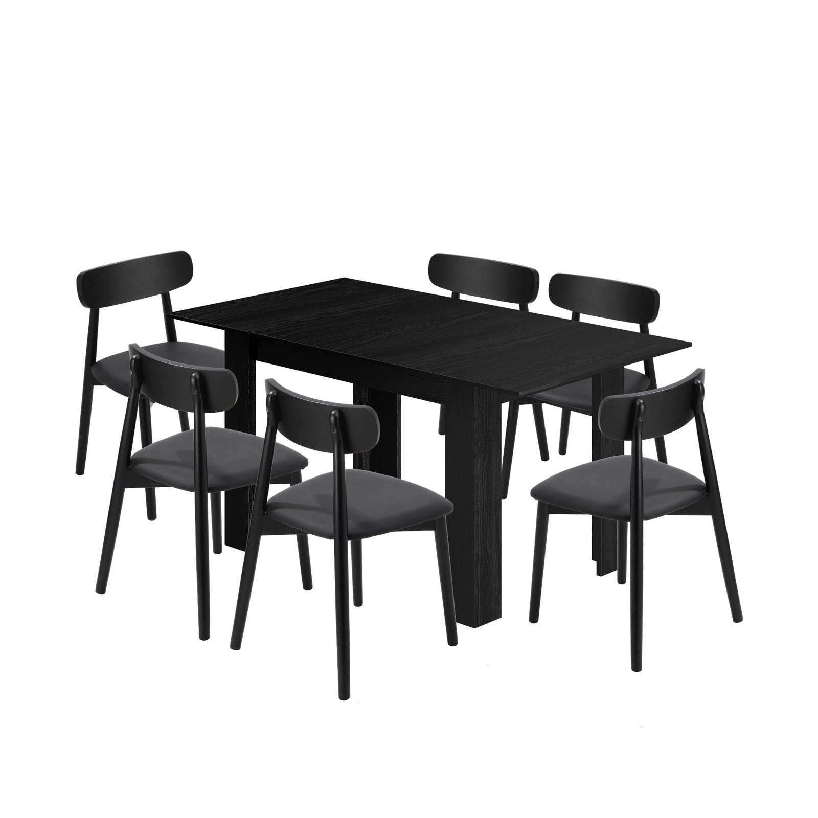 Oikiture 160cm Extendable Dining Table with 6x Dining Chairs PU Leather Black - Sunyee