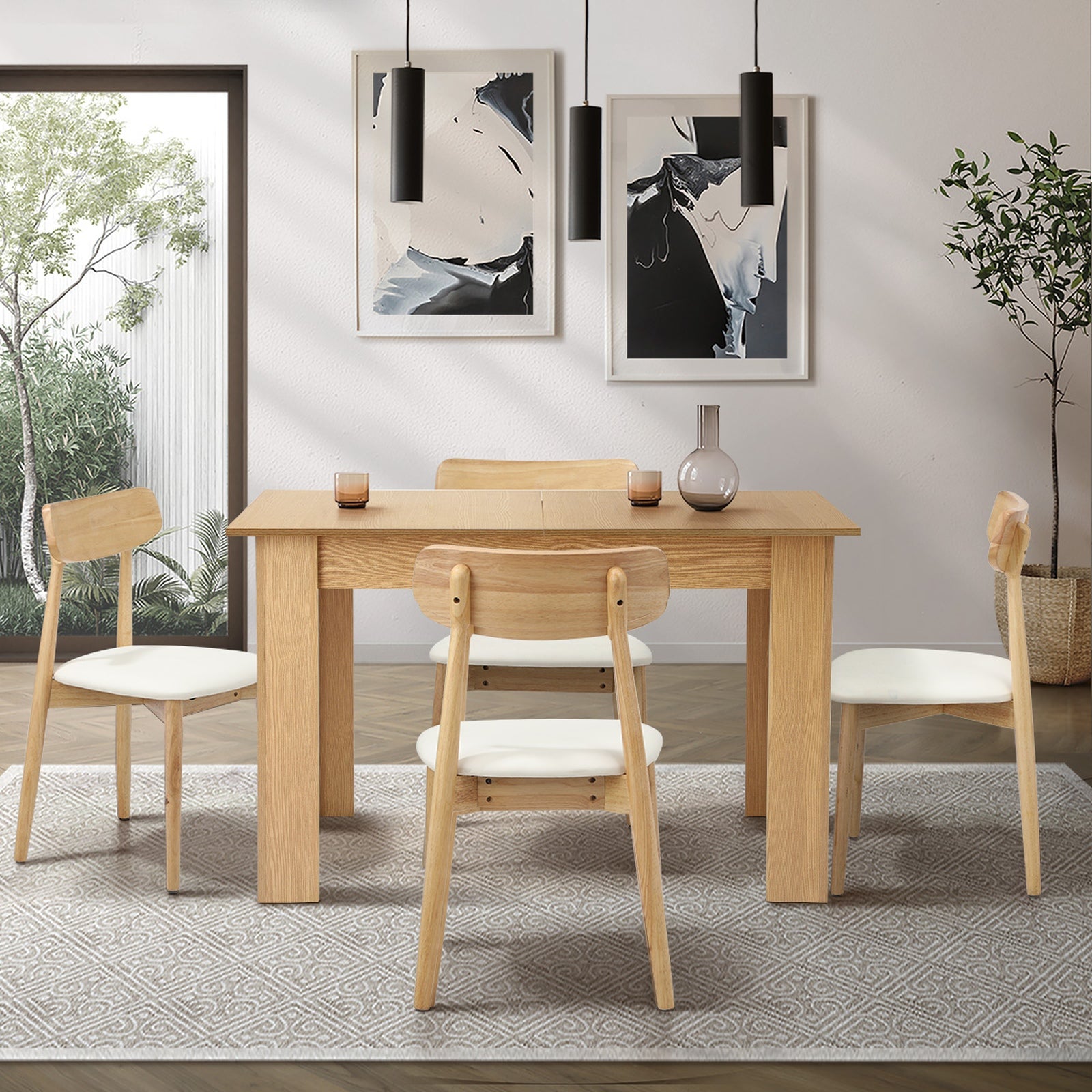 Oikiture 160cm Extendable Dining Table with 4x Dining Chairs PU Leather Natural - Sunyee