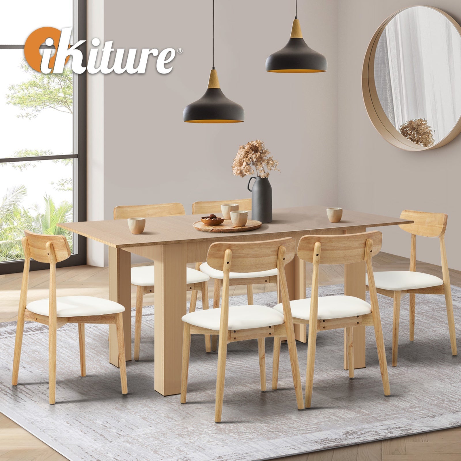 Oikiture 160cm Extendable Dining Table with 6x Dining Chairs PU Leather Natural - Sunyee