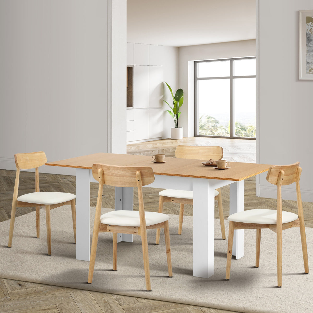 Oikiture 160cm Extendable Dining Table with 4x Dining Chairs PU Leather White - Sunyee