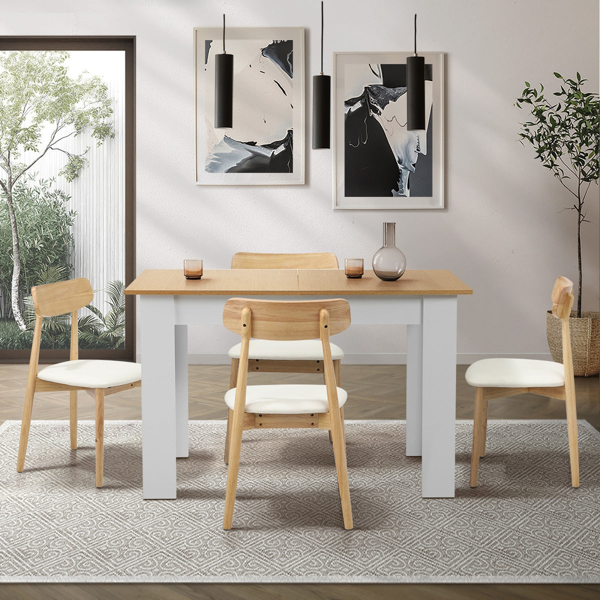 Oikiture 160cm Extendable Dining Table with 4x Dining Chairs PU Leather White - Sunyee