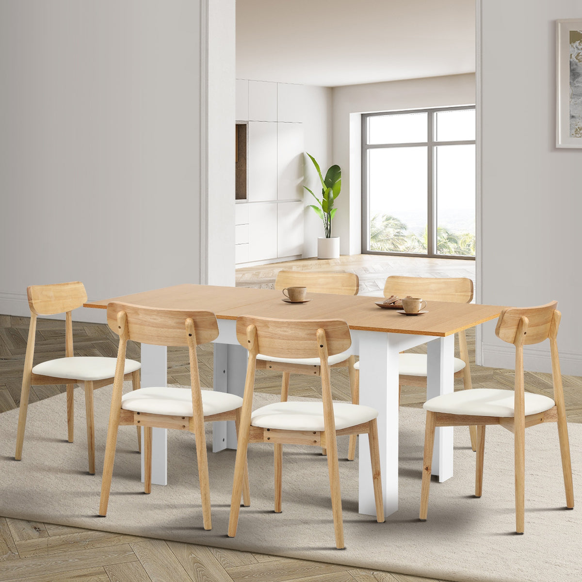 Oikiture 160cm Extendable Dining Table with 6x Dining Chairs PU Leather White - Sunyee