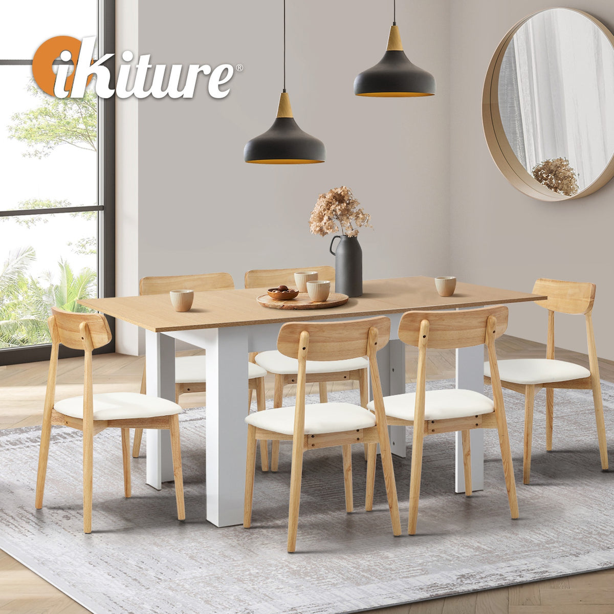 Oikiture 160cm Extendable Dining Table with 6x Dining Chairs PU Leather White - Sunyee