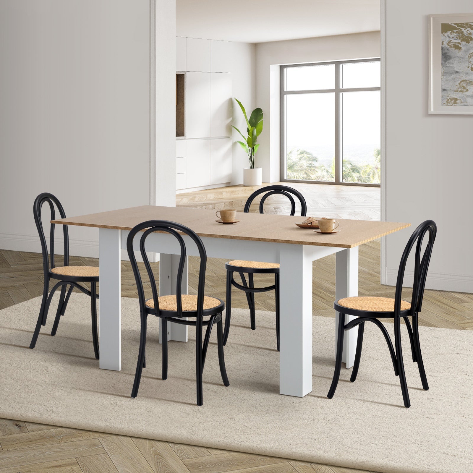Oikiture 160cm Extendable Dining Table with 4PCS Crossback Dining Chairs Black - Sunyee