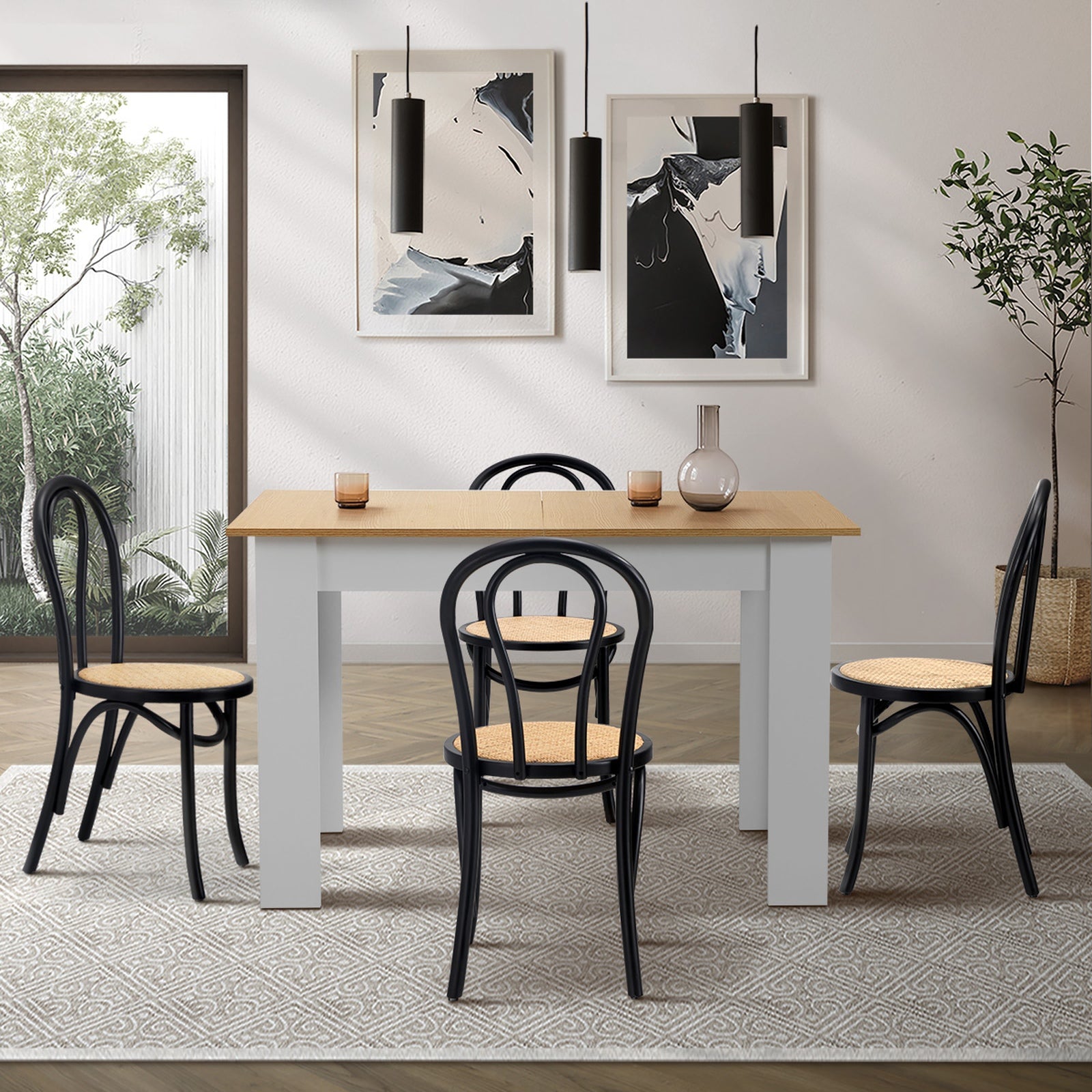 Oikiture 160cm Extendable Dining Table with 4PCS Crossback Dining Chairs Black - Sunyee