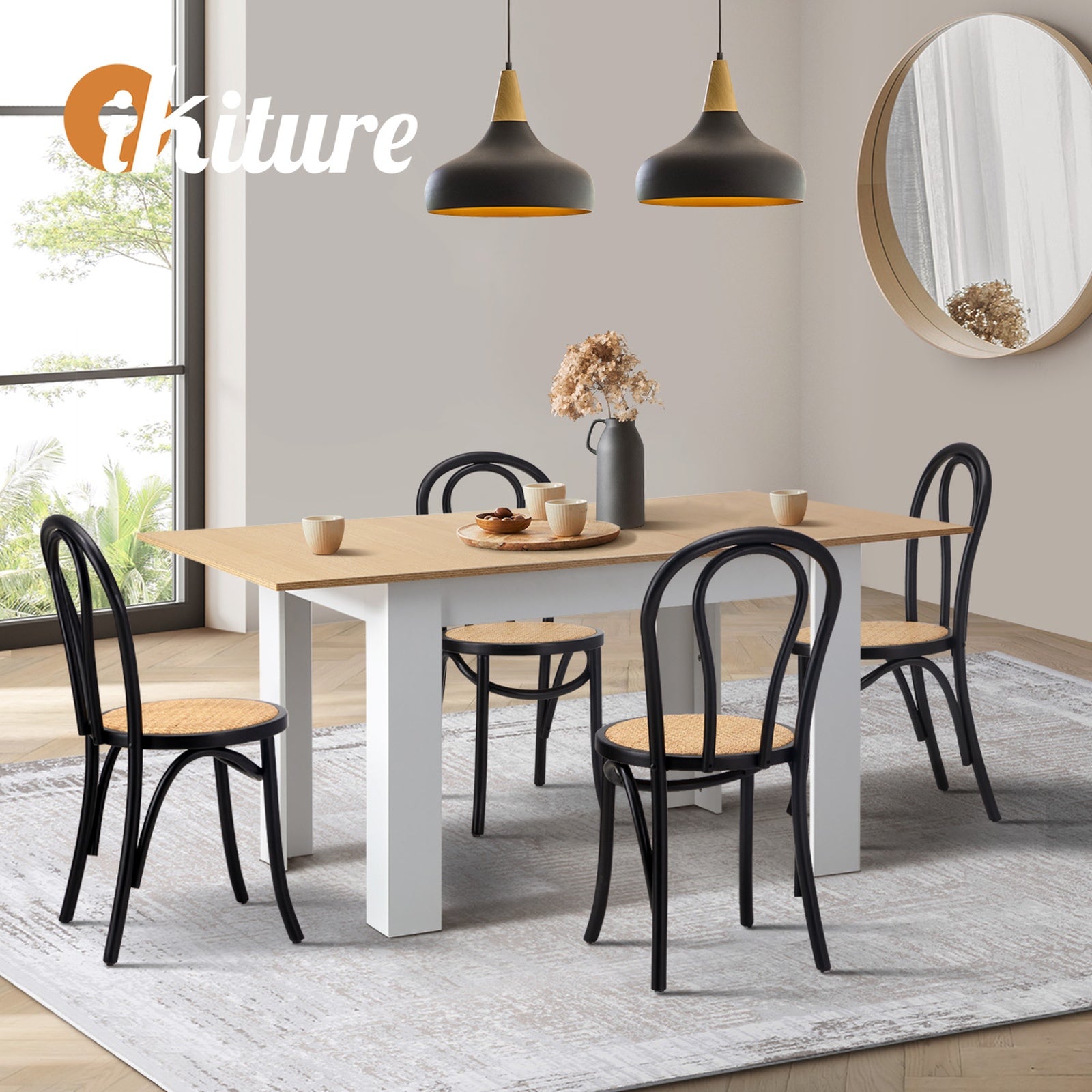 Oikiture 160cm Extendable Dining Table with 4PCS Crossback Dining Chairs Black - Sunyee