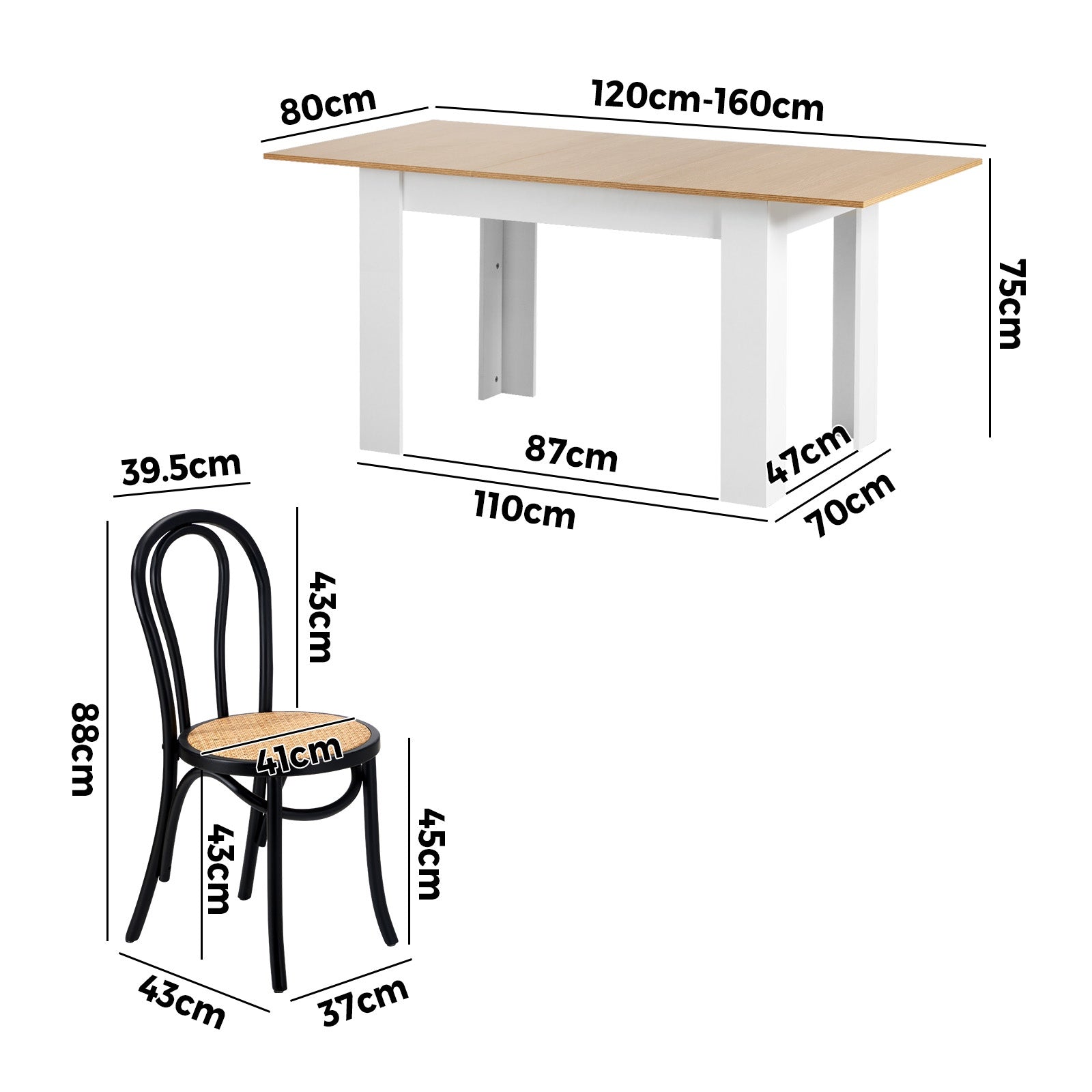 Oikiture 160cm Extendable Dining Table with 4PCS Crossback Dining Chairs Black - Sunyee