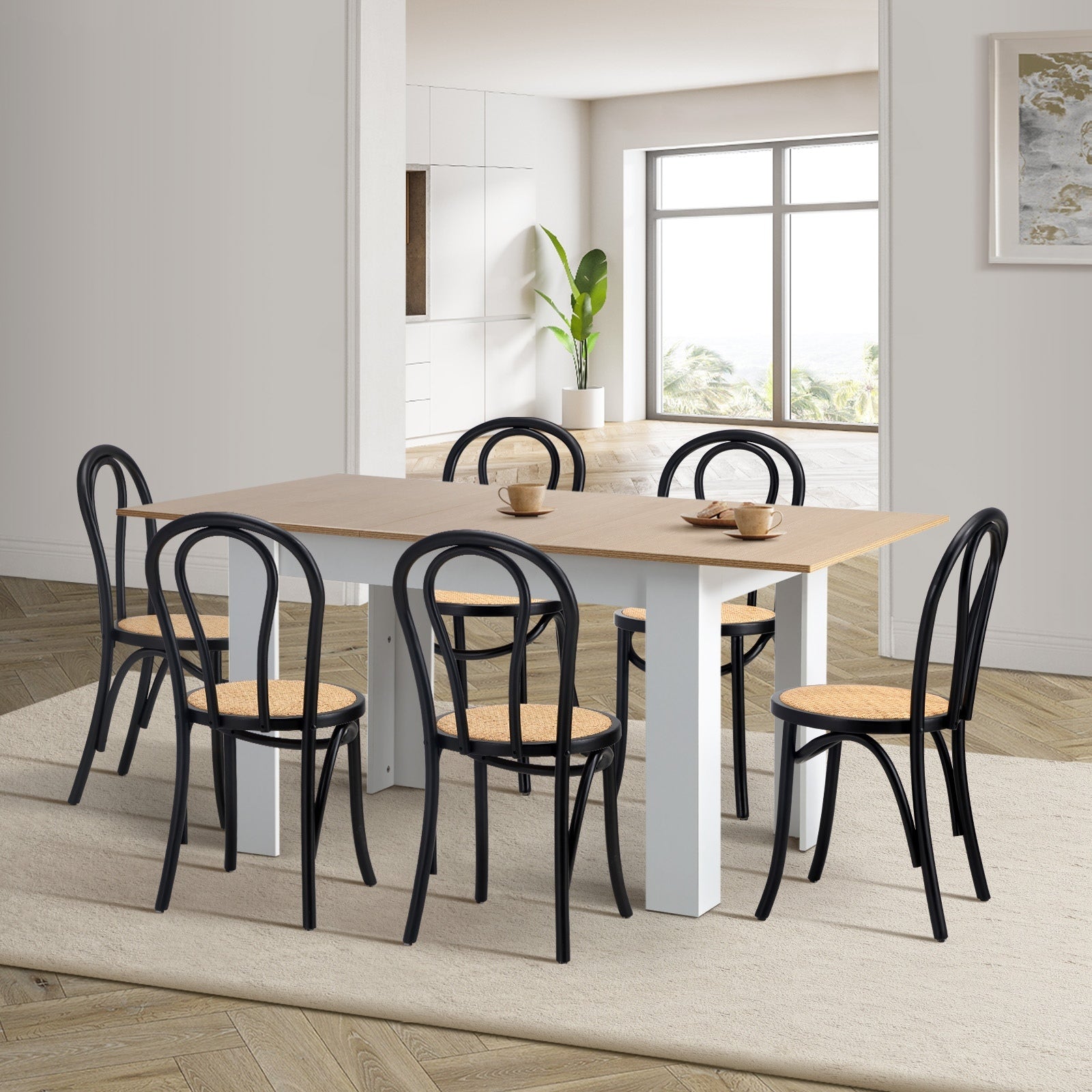 Oikiture 160cm Extendable Dining Table with 6PCS Crossback Dining Chairs Black - Sunyee