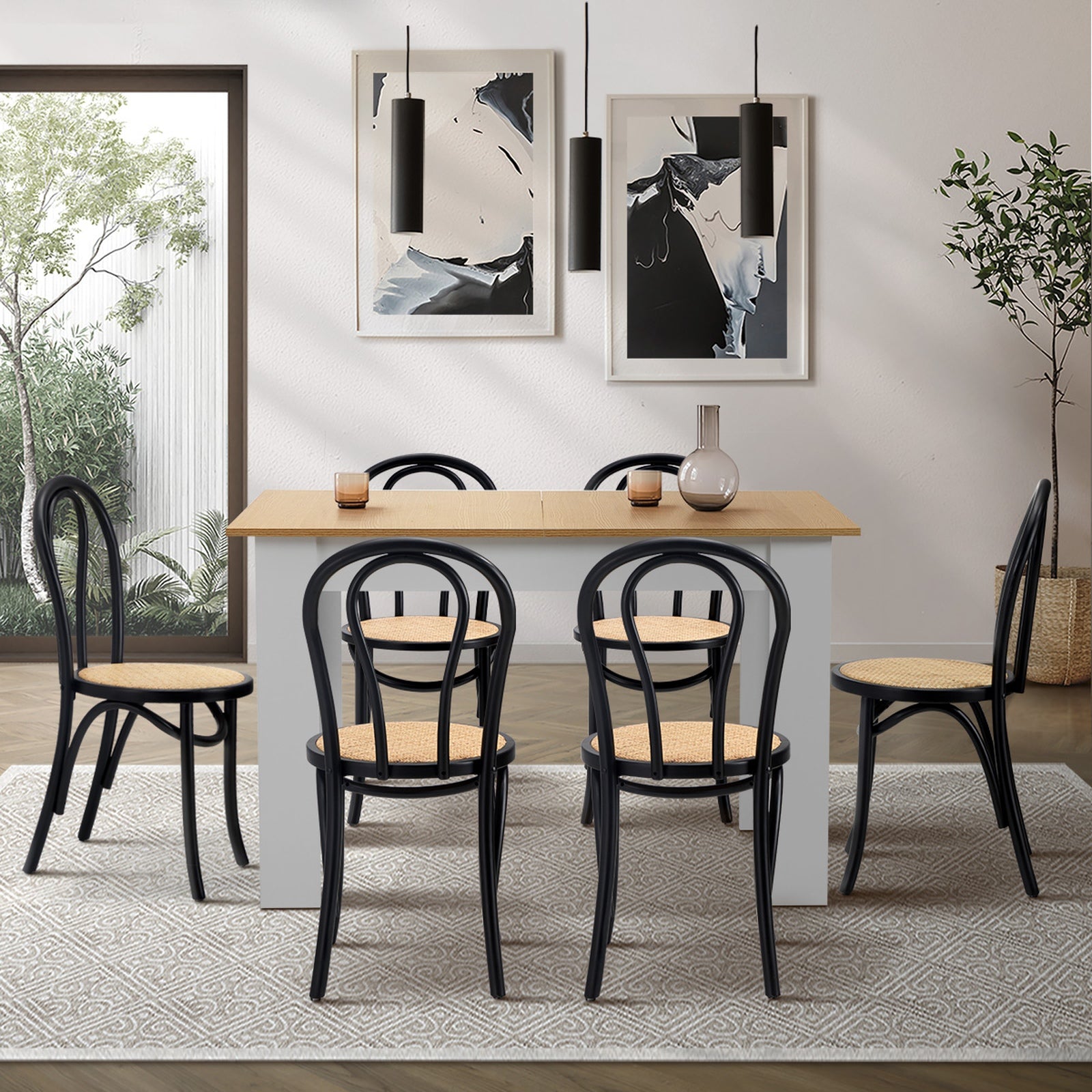 Oikiture 160cm Extendable Dining Table with 6PCS Crossback Dining Chairs Black - Sunyee