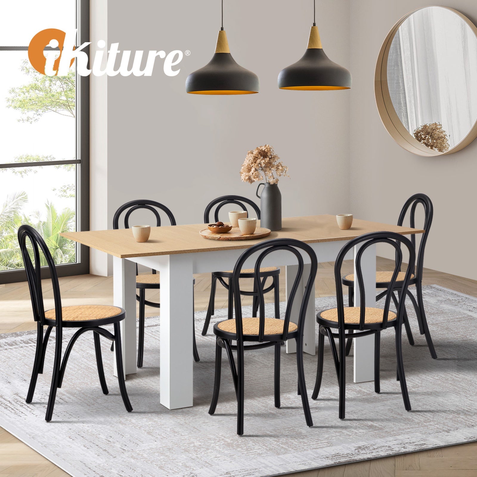 Oikiture 160cm Extendable Dining Table with 6PCS Crossback Dining Chairs Black - Sunyee