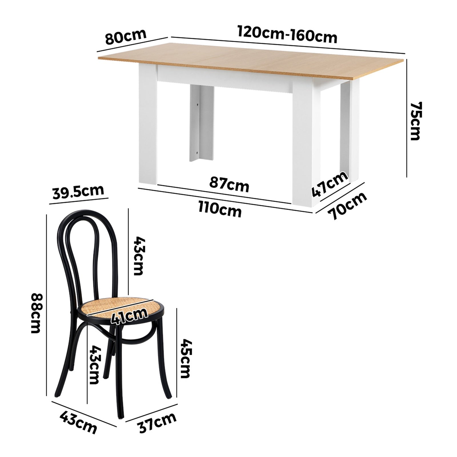 Oikiture 160cm Extendable Dining Table with 6PCS Crossback Dining Chairs Black - Sunyee